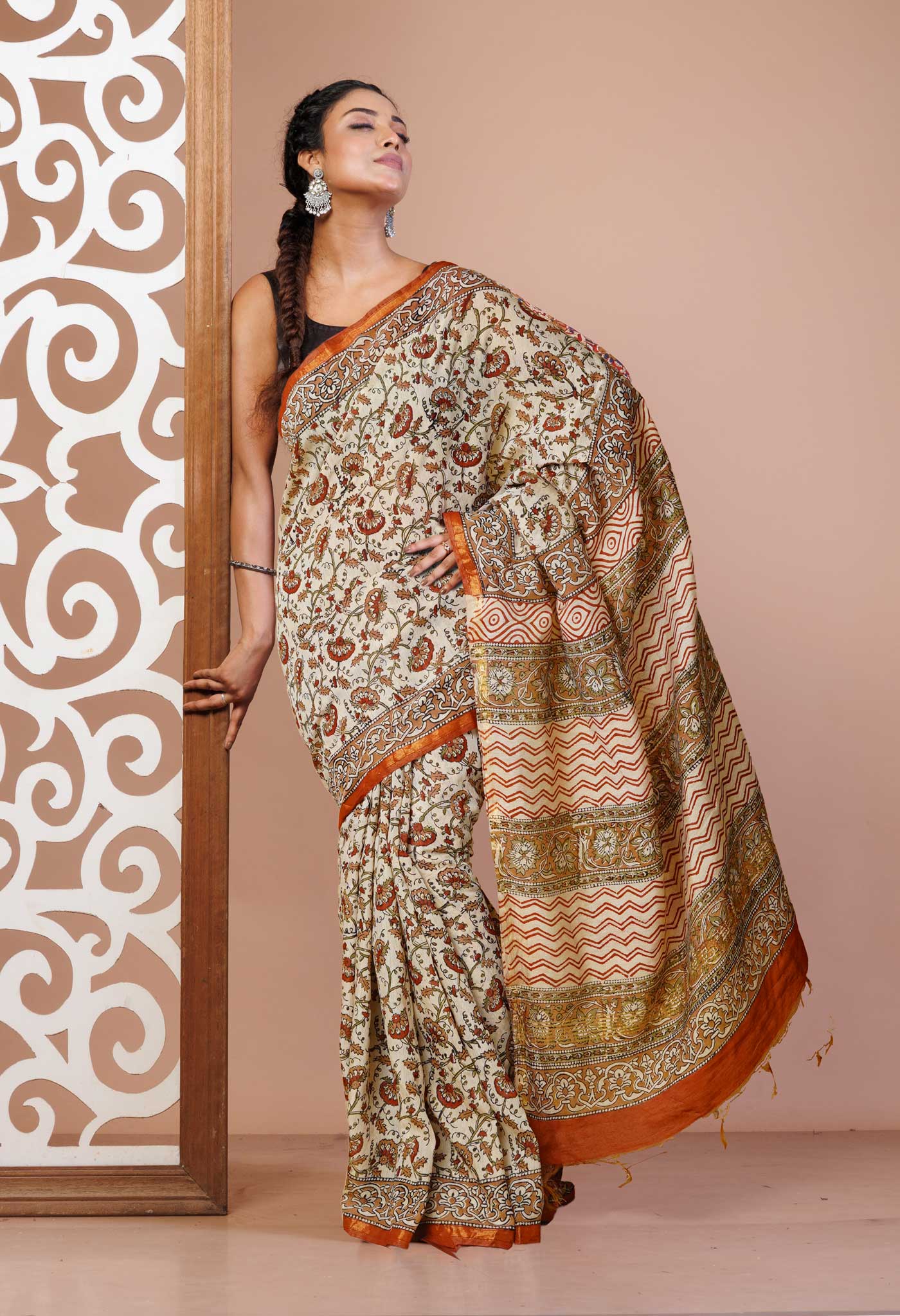 Cream Pure Bagru Printed Pashmina Sico Saree-UNM79409