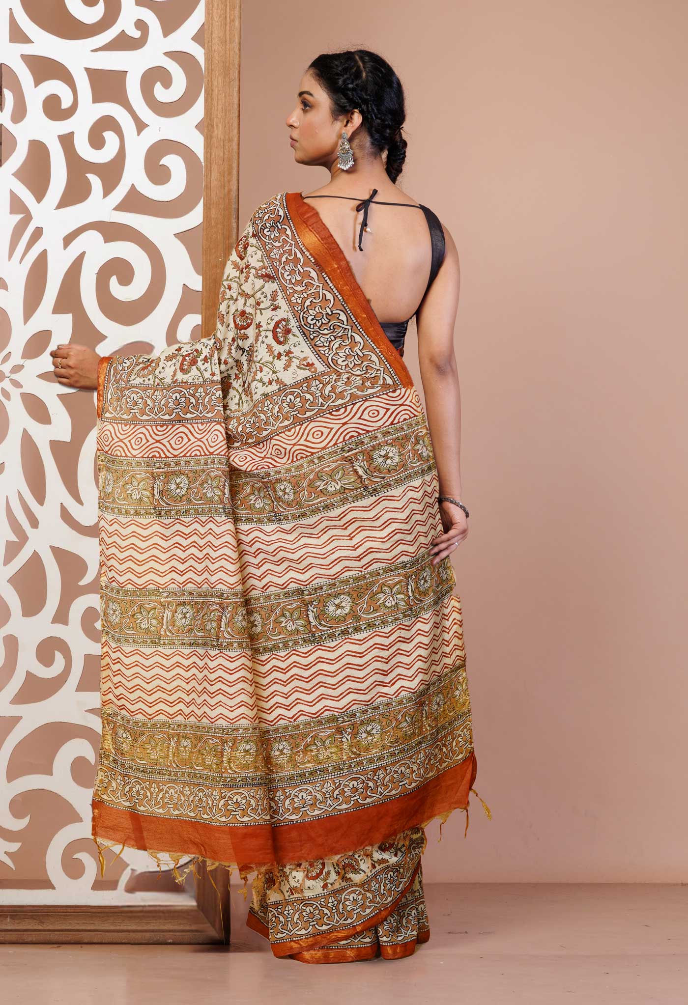 Cream Pure Bagru Printed Pashmina Sico Saree-UNM79409