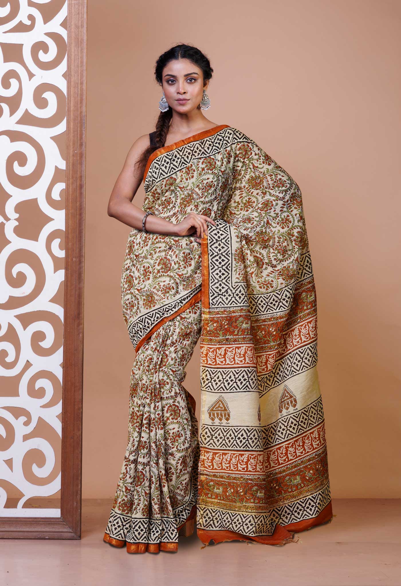 Cream Pure Bagru Printed Pashmina Sico Saree-UNM79412