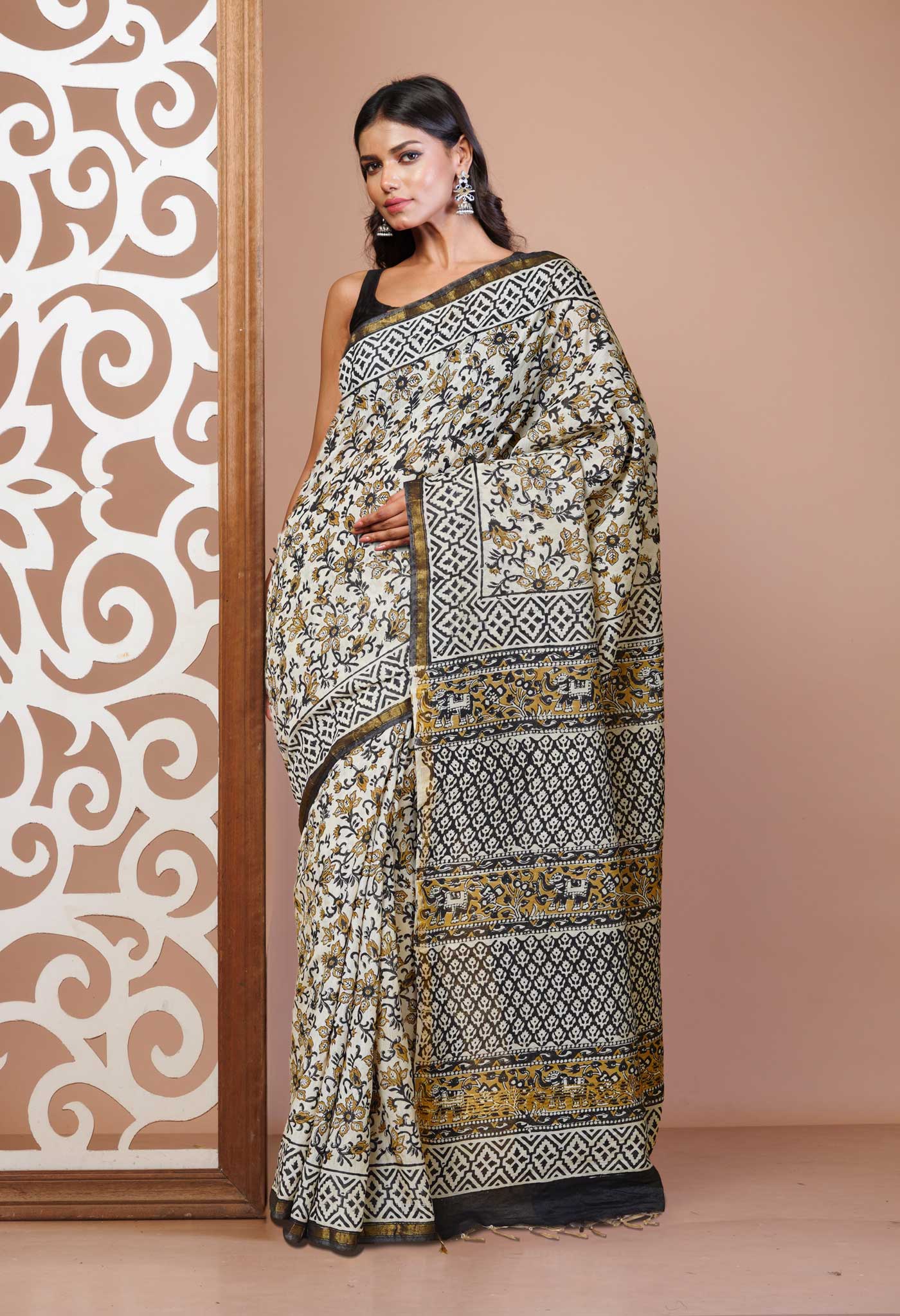 Cream Pure Bagru Printed Pashmina Sico Saree-UNM79413