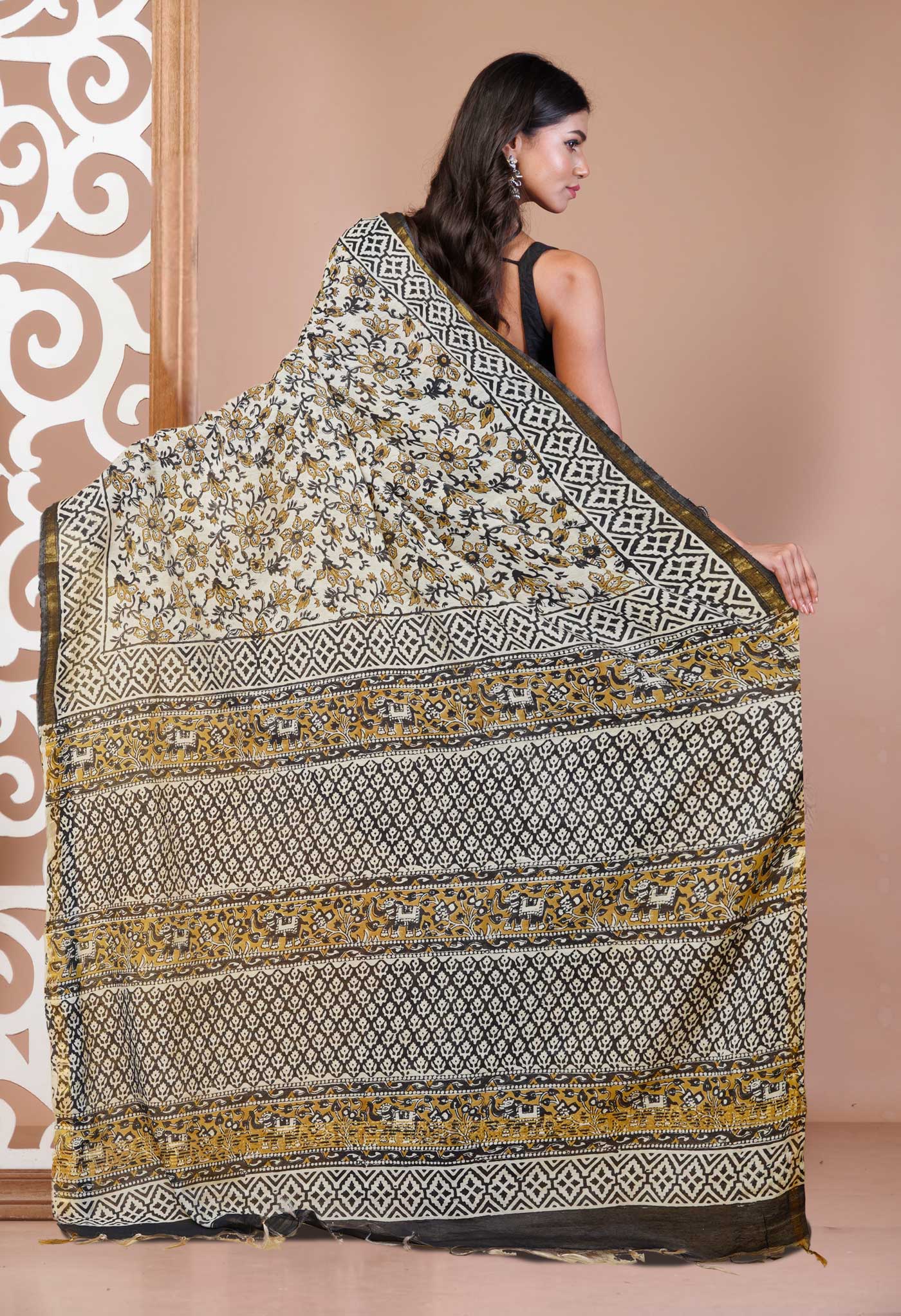 Cream Pure Bagru Printed Pashmina Sico Saree-UNM79413