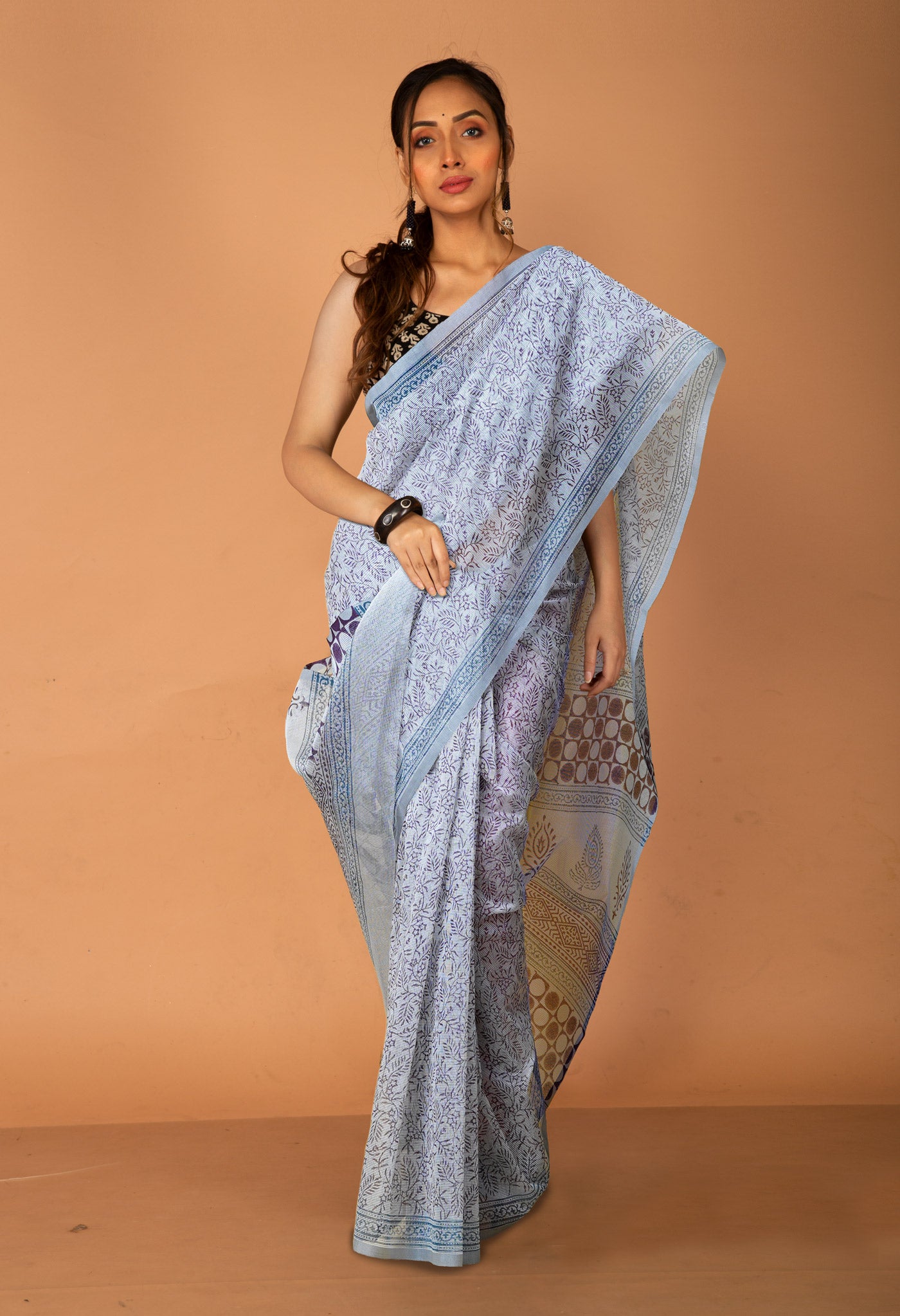 Grey  Block Printed Supernet Saree-UNM79443