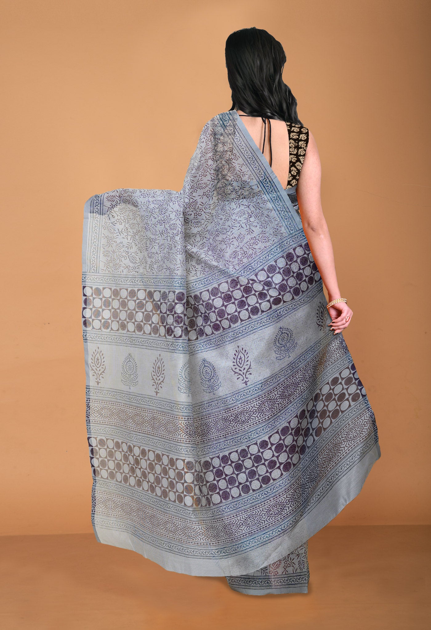 Grey  Block Printed Supernet Saree-UNM79443