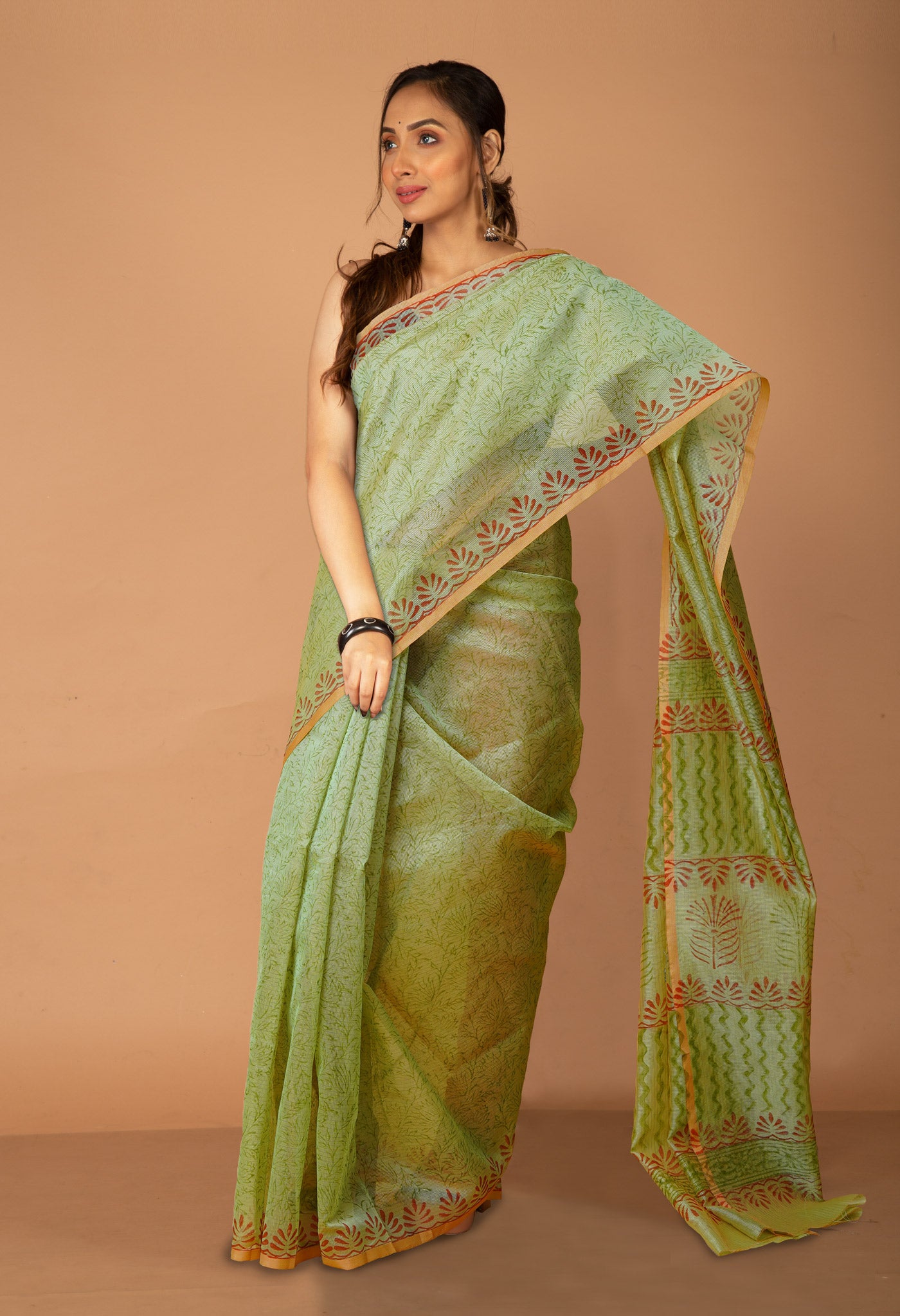 Green  Block Printed Supernet Saree-UNM79445