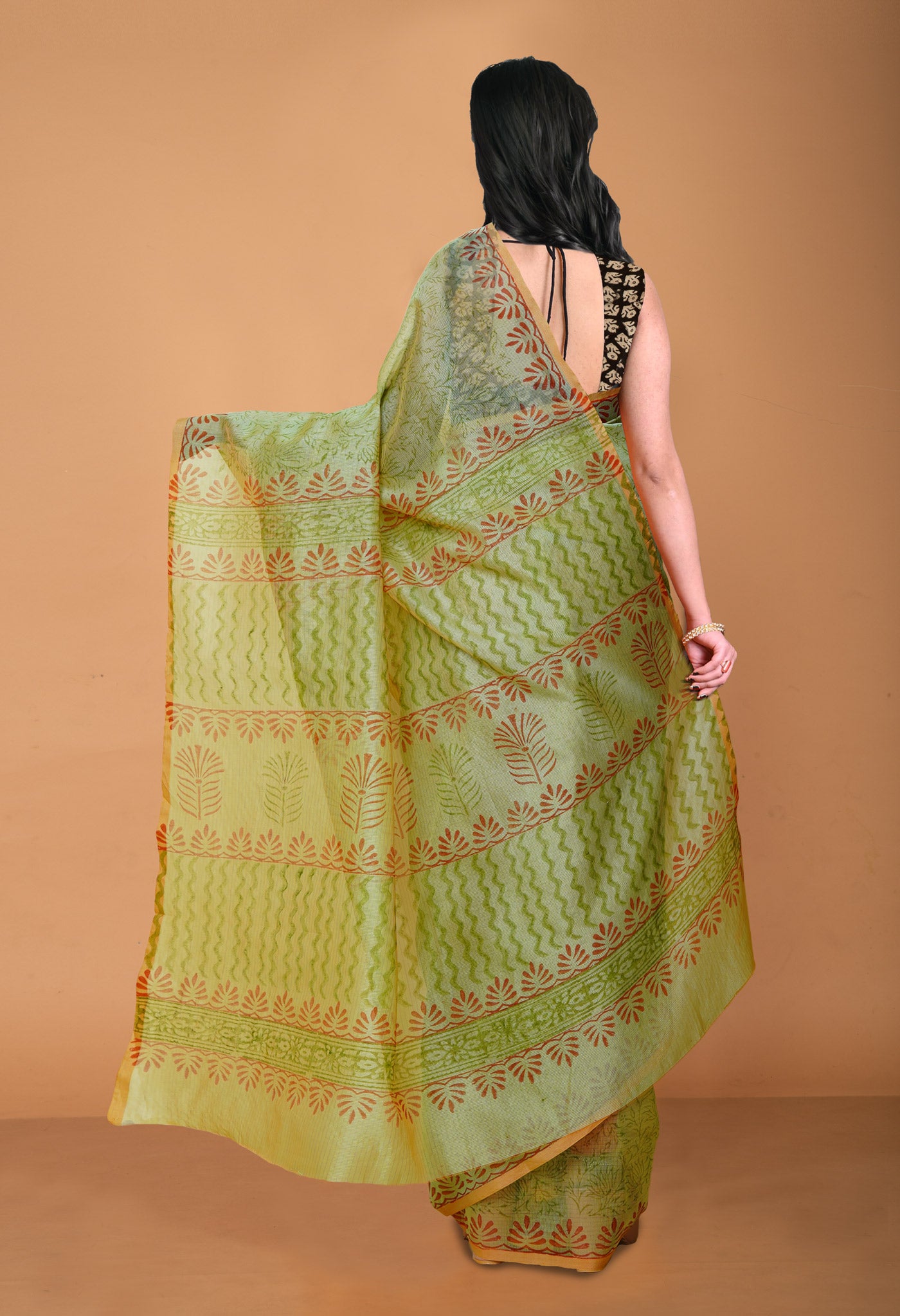 Green  Block Printed Supernet Saree-UNM79445