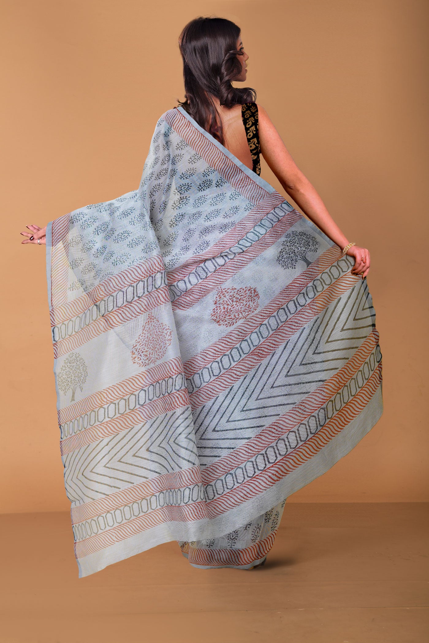 Grey  Block Printed Supernet Saree-UNM79446