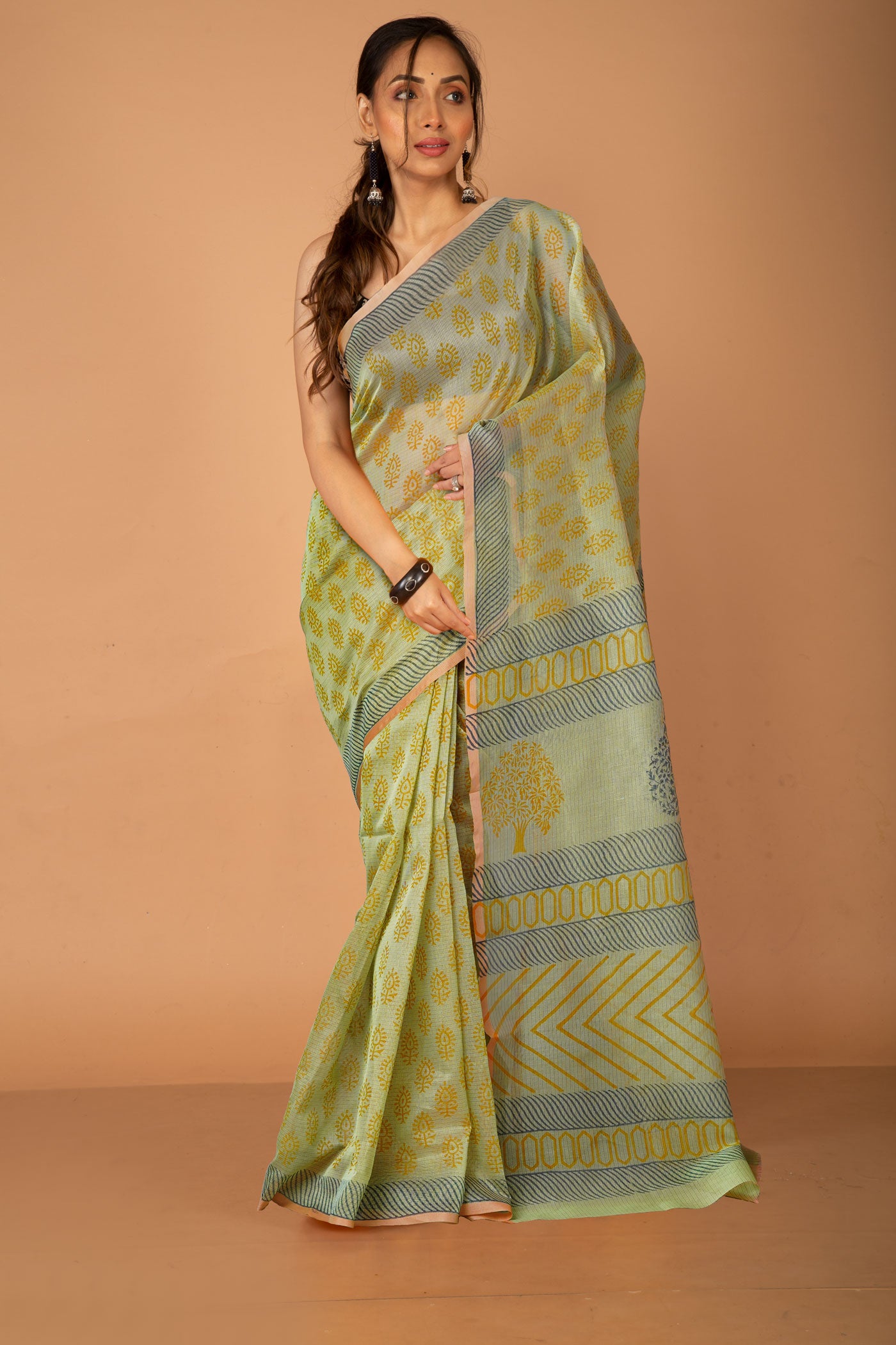 Green  Block Printed Supernet Saree-UNM79448