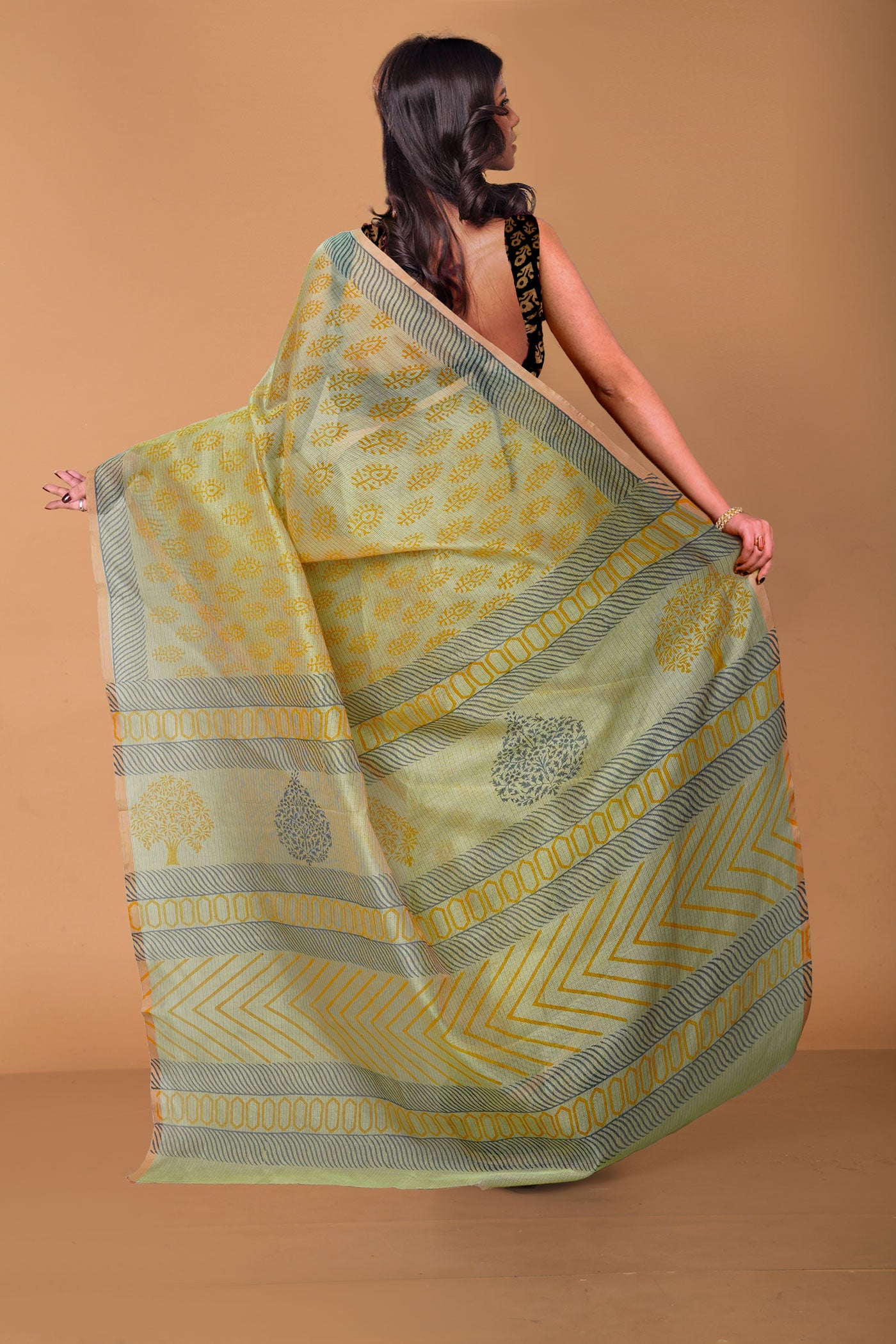 Green  Block Printed Supernet Saree-UNM79448