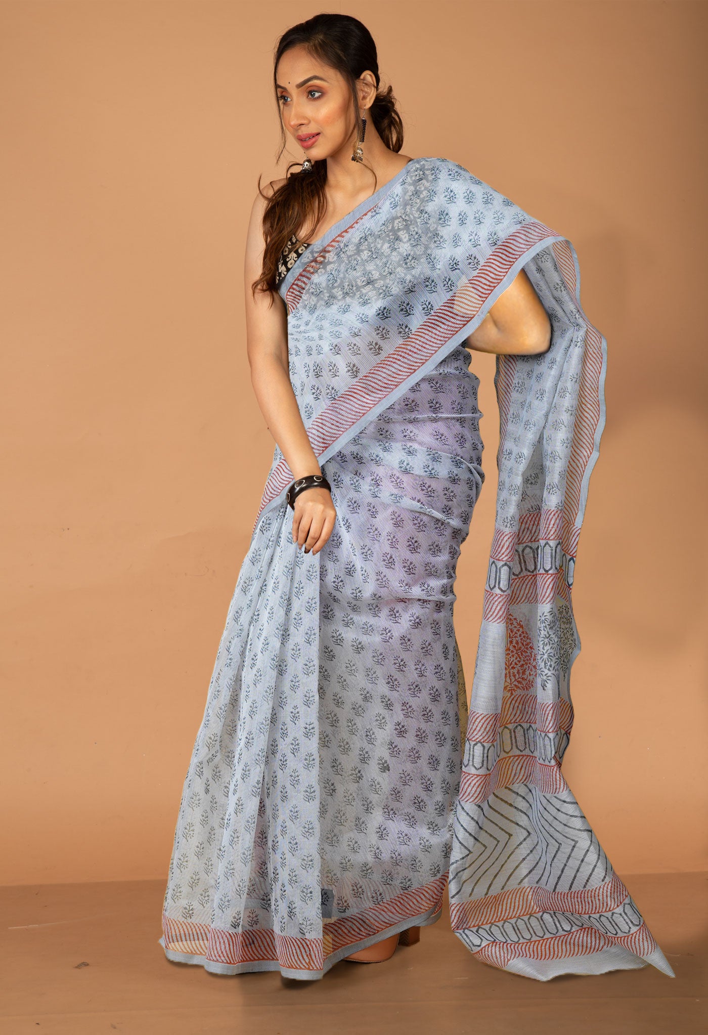 Grey  Block Printed Supernet Saree-UNM79449