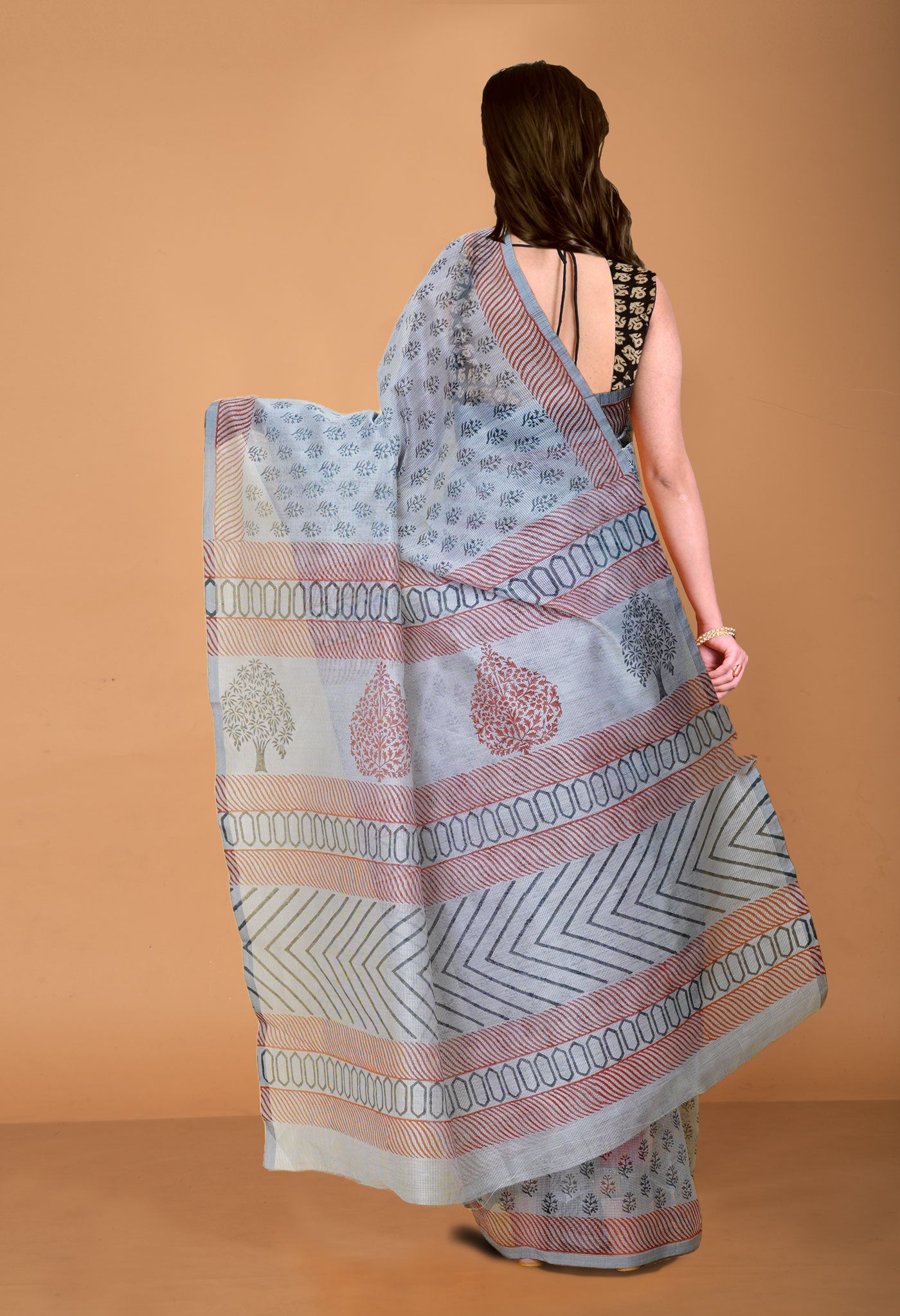 Grey  Block Printed Supernet Saree-UNM79449