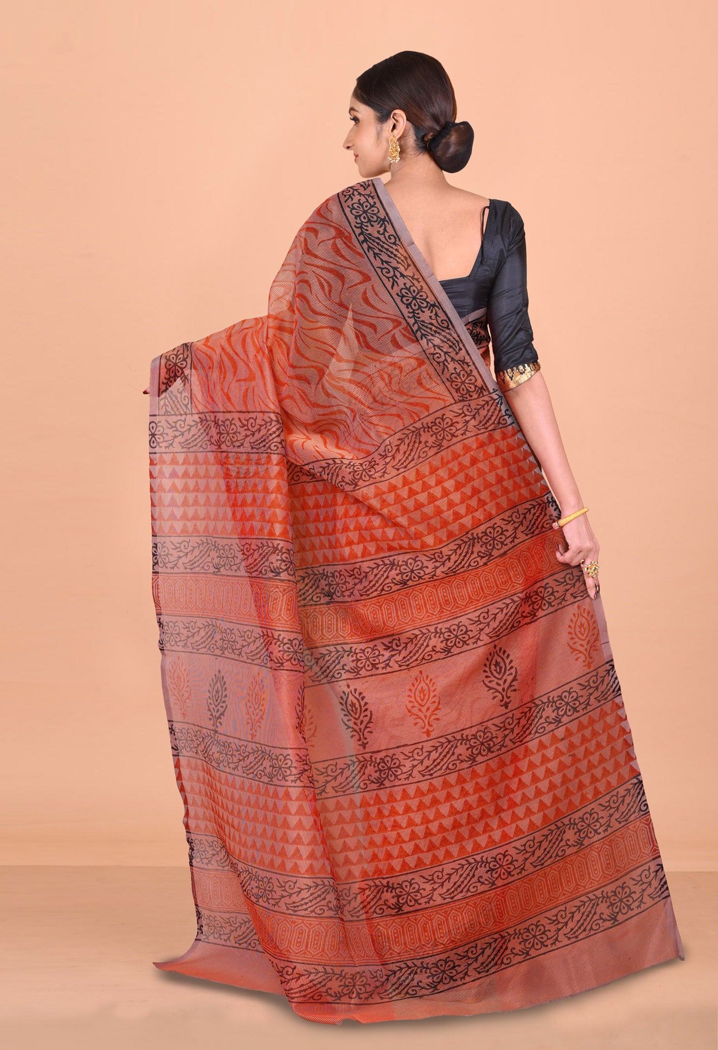 Pastel Peach Pink  Block Printed Supernet Saree-UNM79453