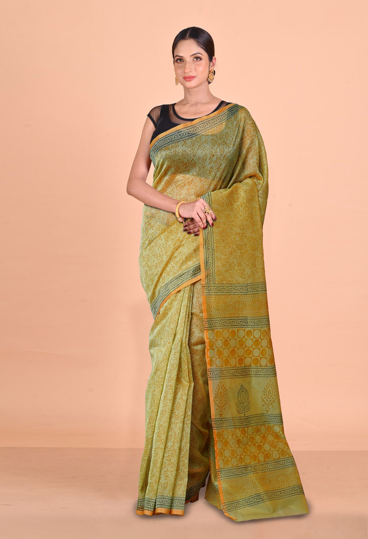 Green  Block Printed Supernet Saree