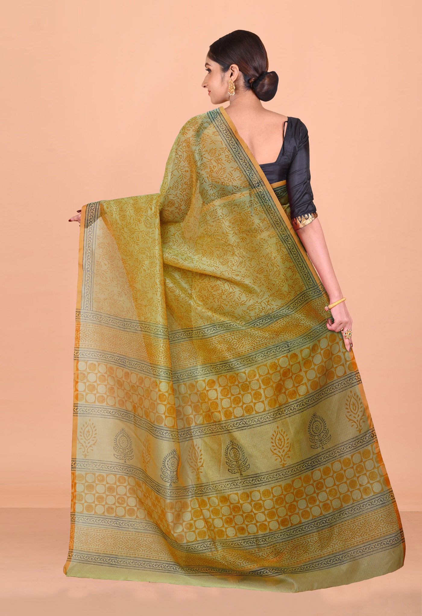 Green  Block Printed Supernet Saree