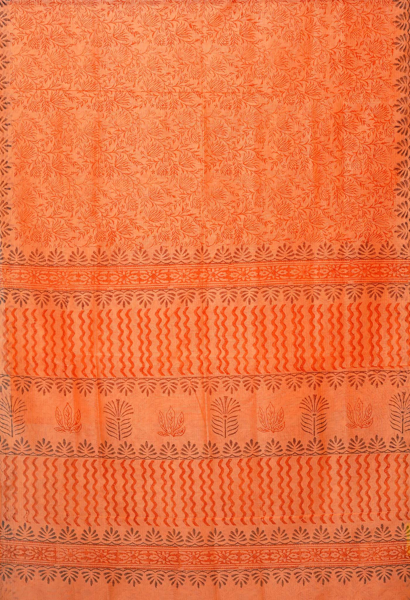 Orange  Block Printed Supernet Saree-UNM79455