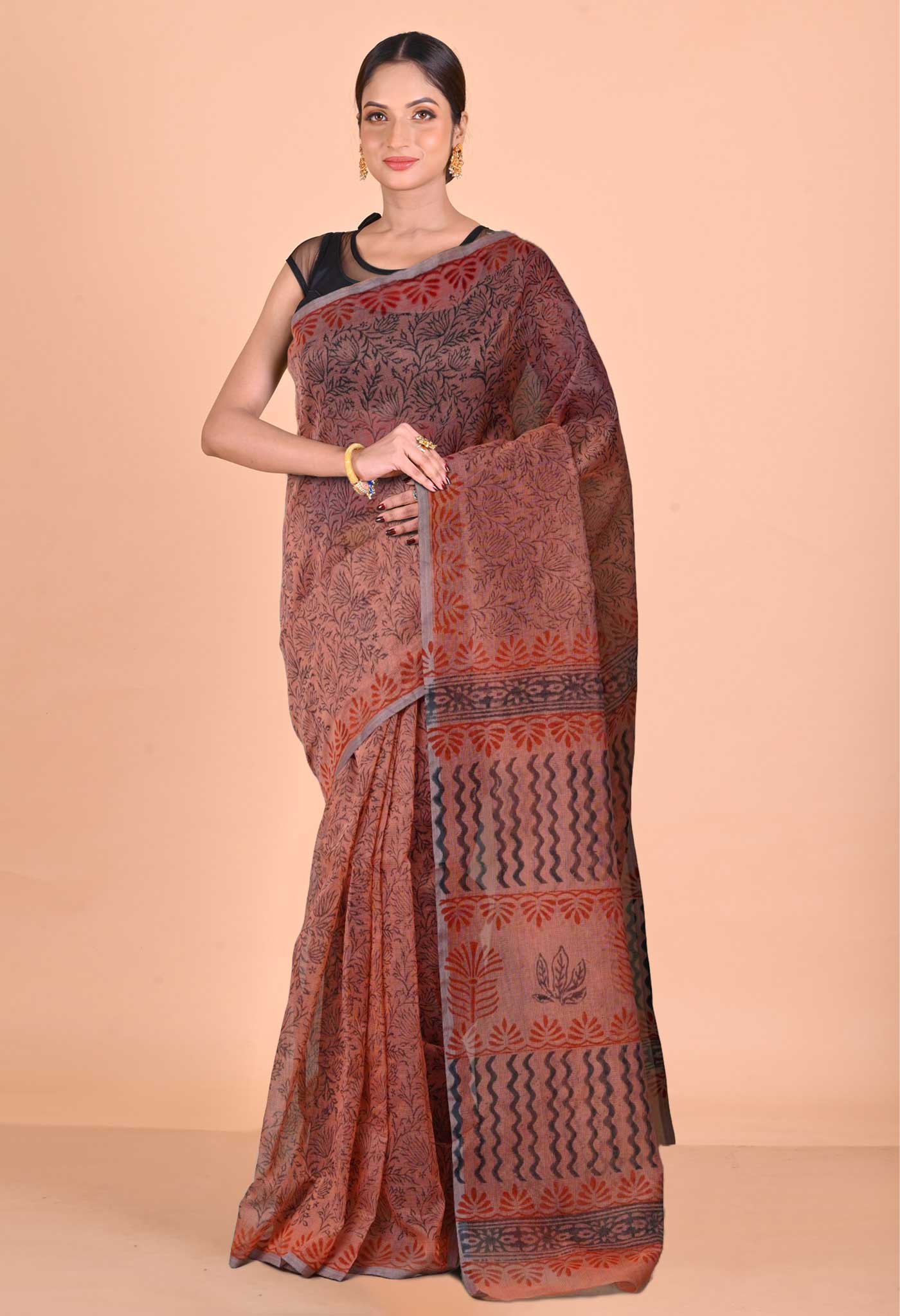 Pastel Peach Pink  Block Printed Supernet Saree