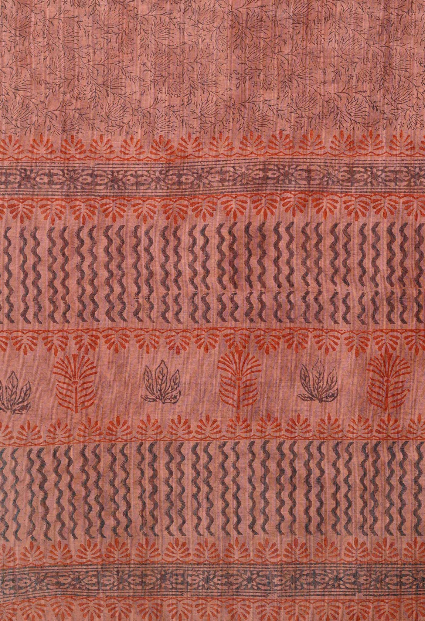 Pastel Peach Pink  Block Printed Supernet Saree