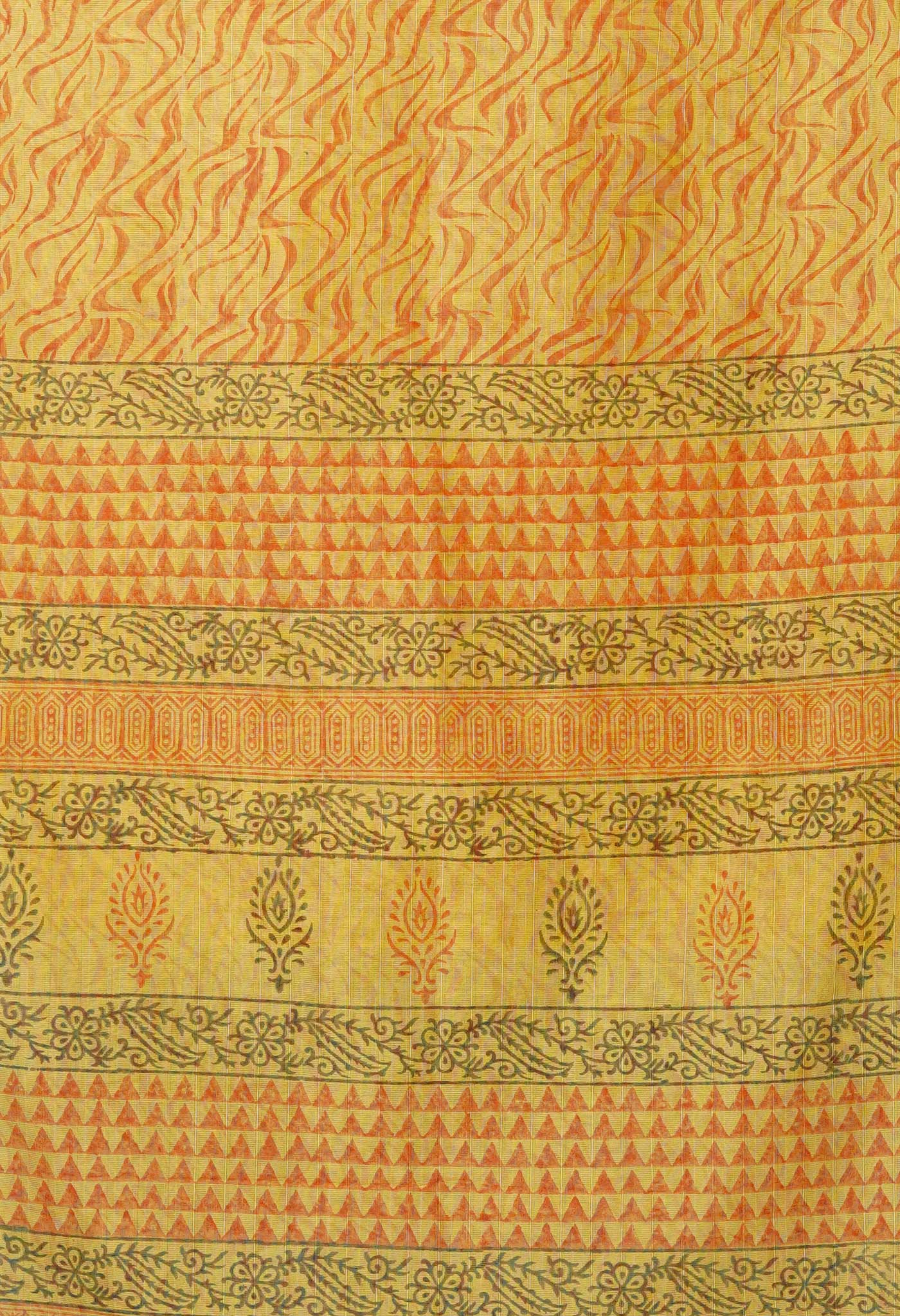 Yellow  Block Printed Supernet Saree-UNM79462