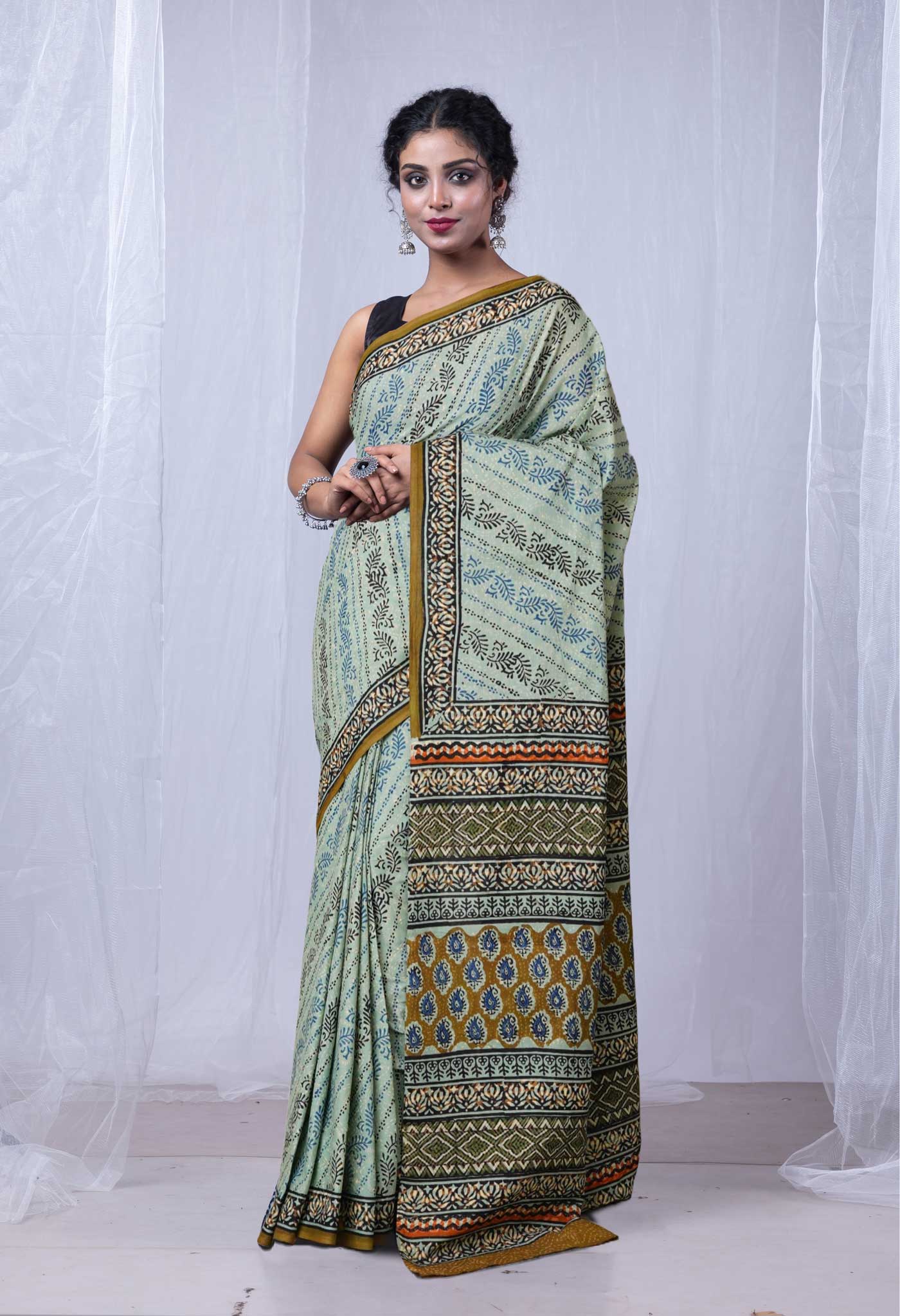 Blue Pure Bagru Printed Soft Cotton Saree