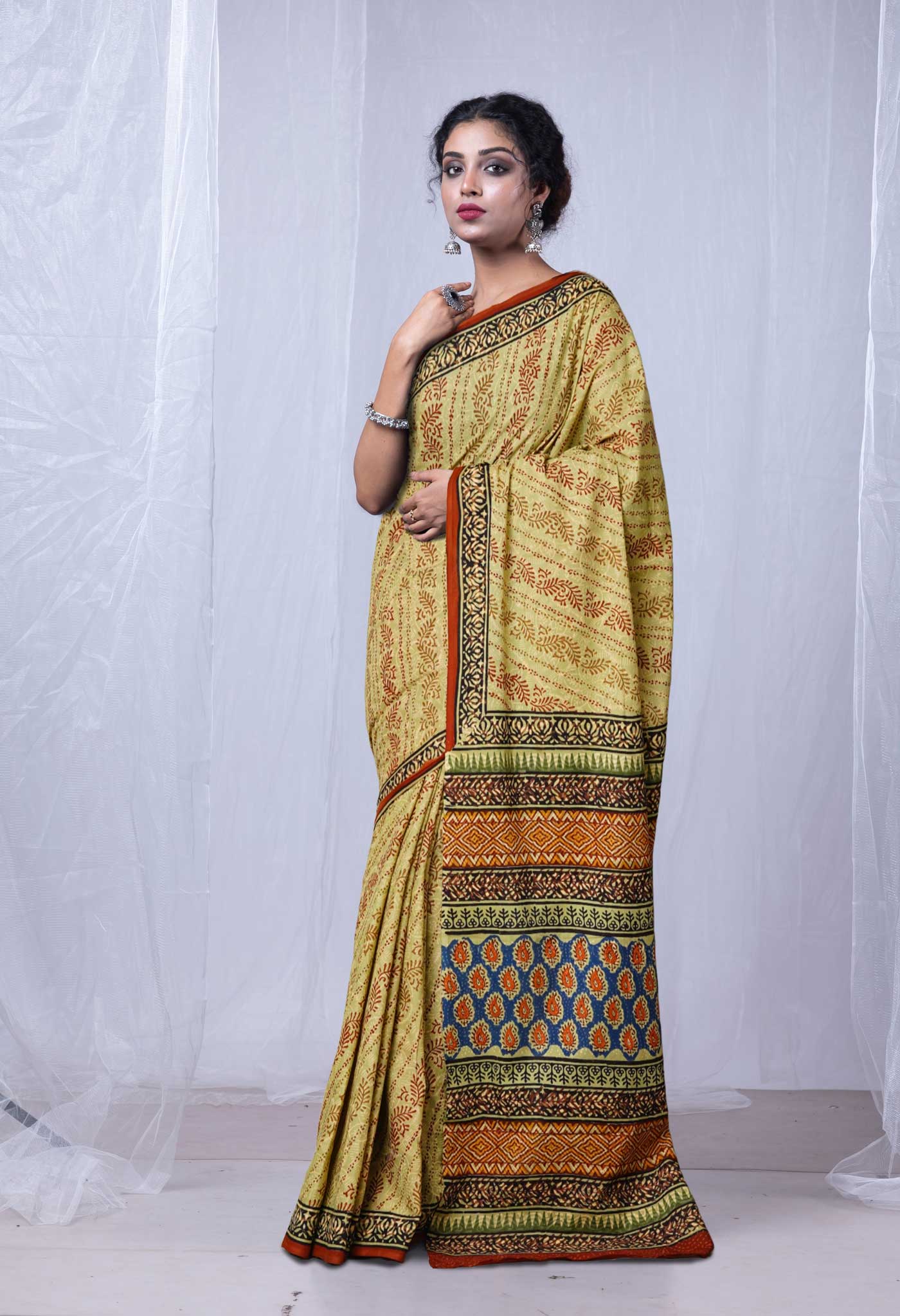 Green Pure Bagru Printed Soft Cotton Saree