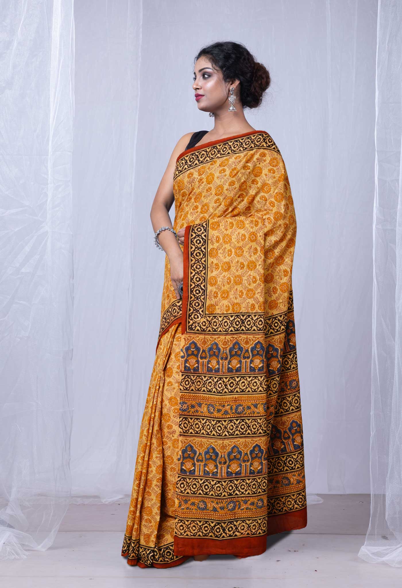 Brown Pure Bagru Printed Soft Cotton Saree