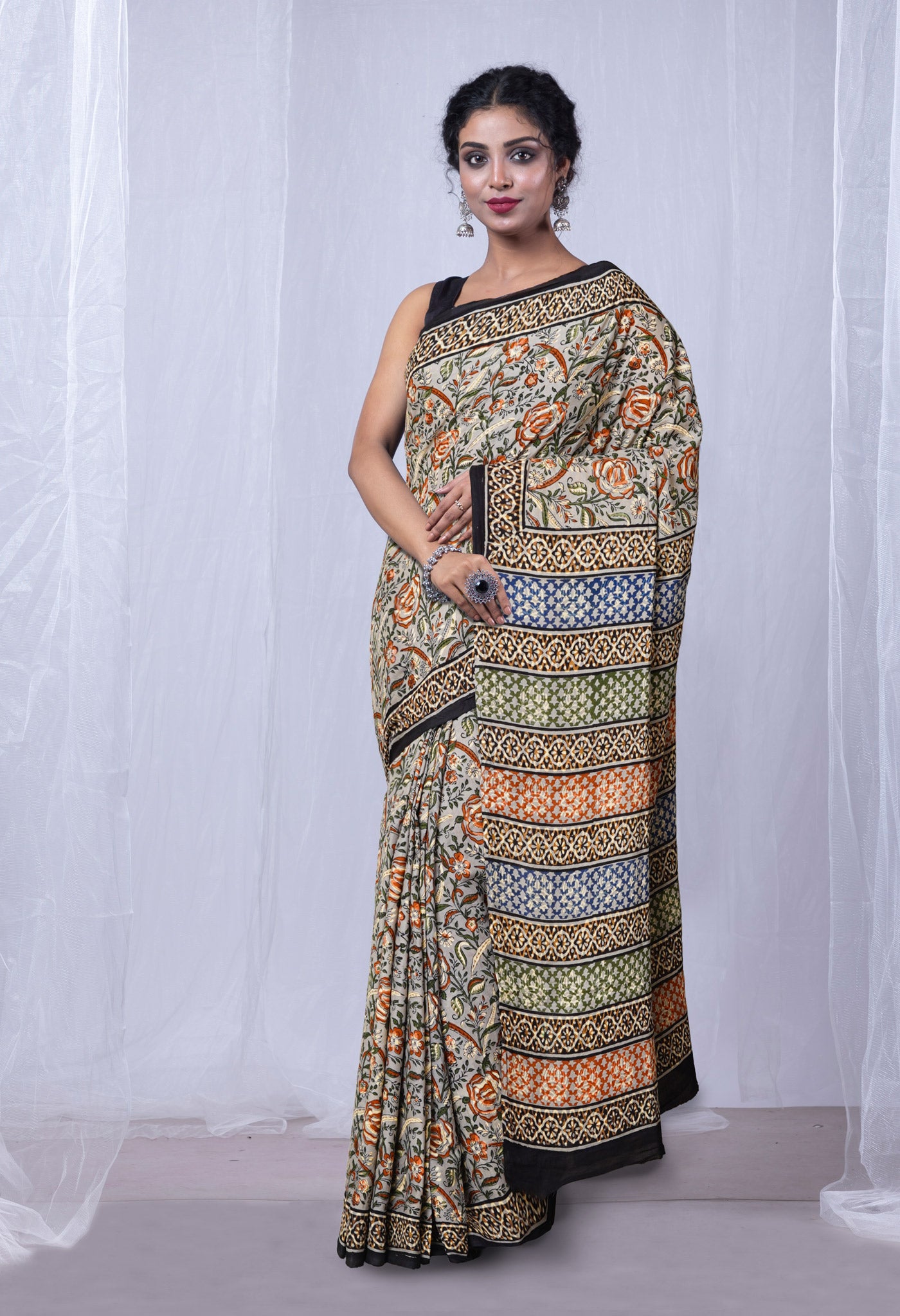 Grey Pure Bagru Printed Soft Cotton Saree