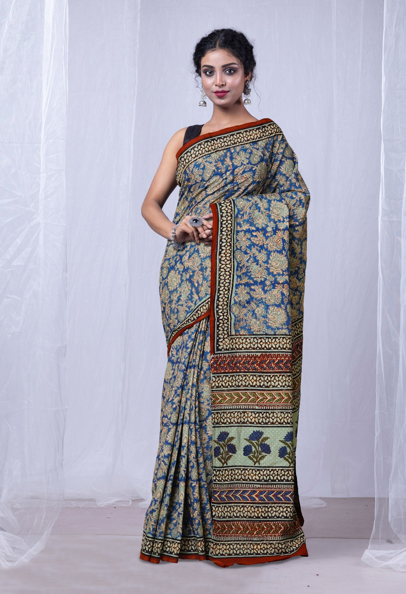 Blue Pure Bagru Printed Soft Cotton Saree