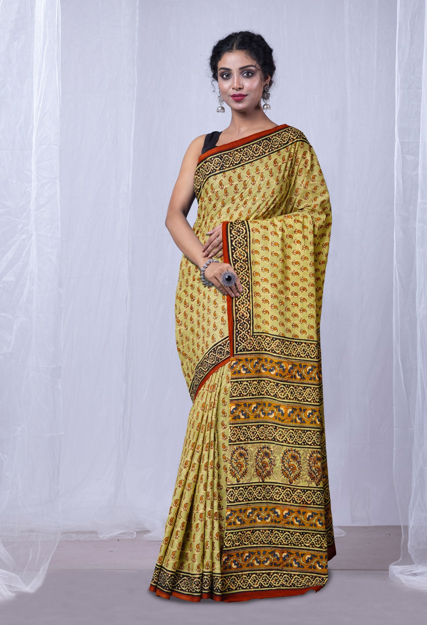 Green Pure Bagru Printed Soft Cotton Saree