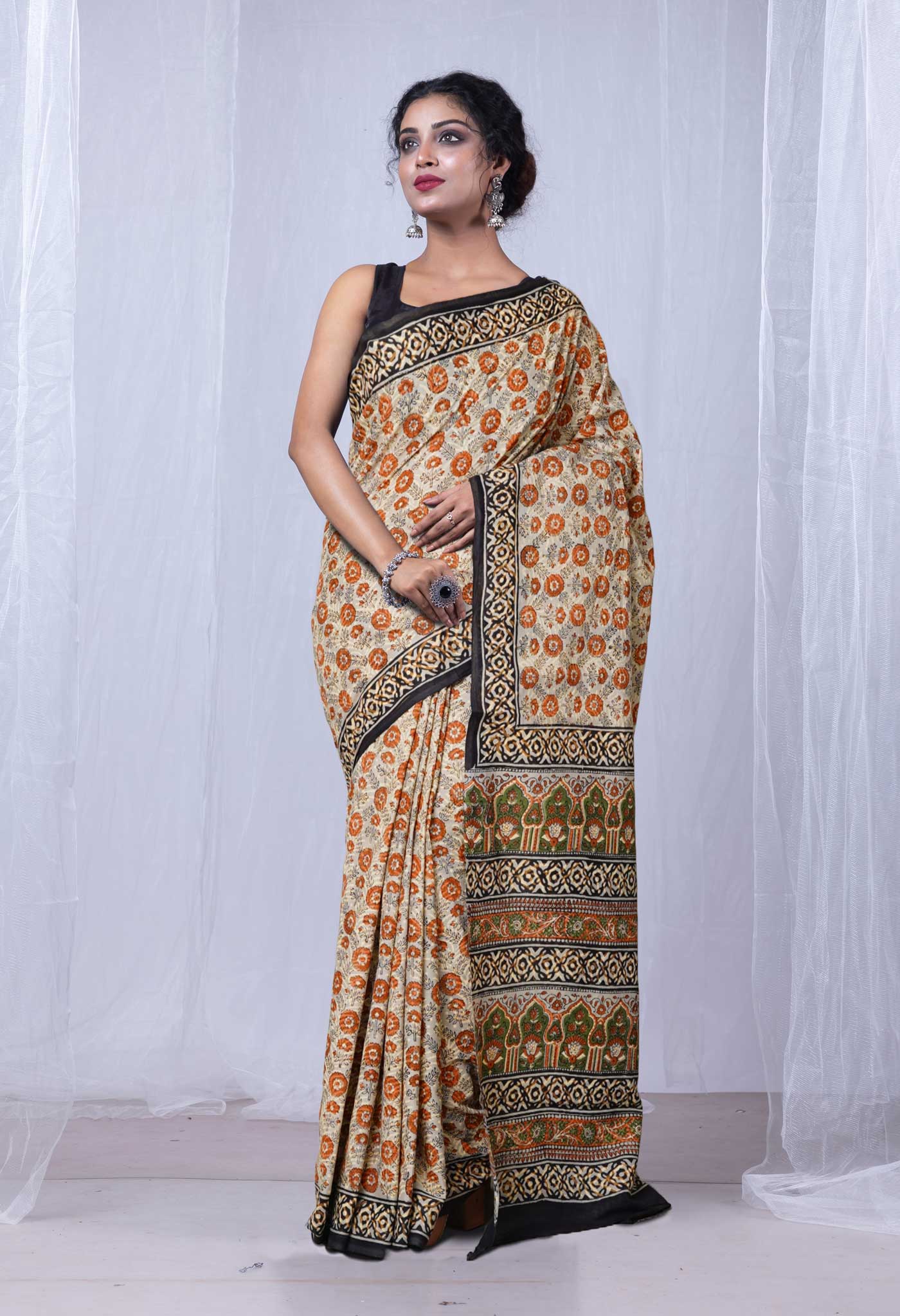 Grey Pure Bagru Printed Soft Cotton Saree