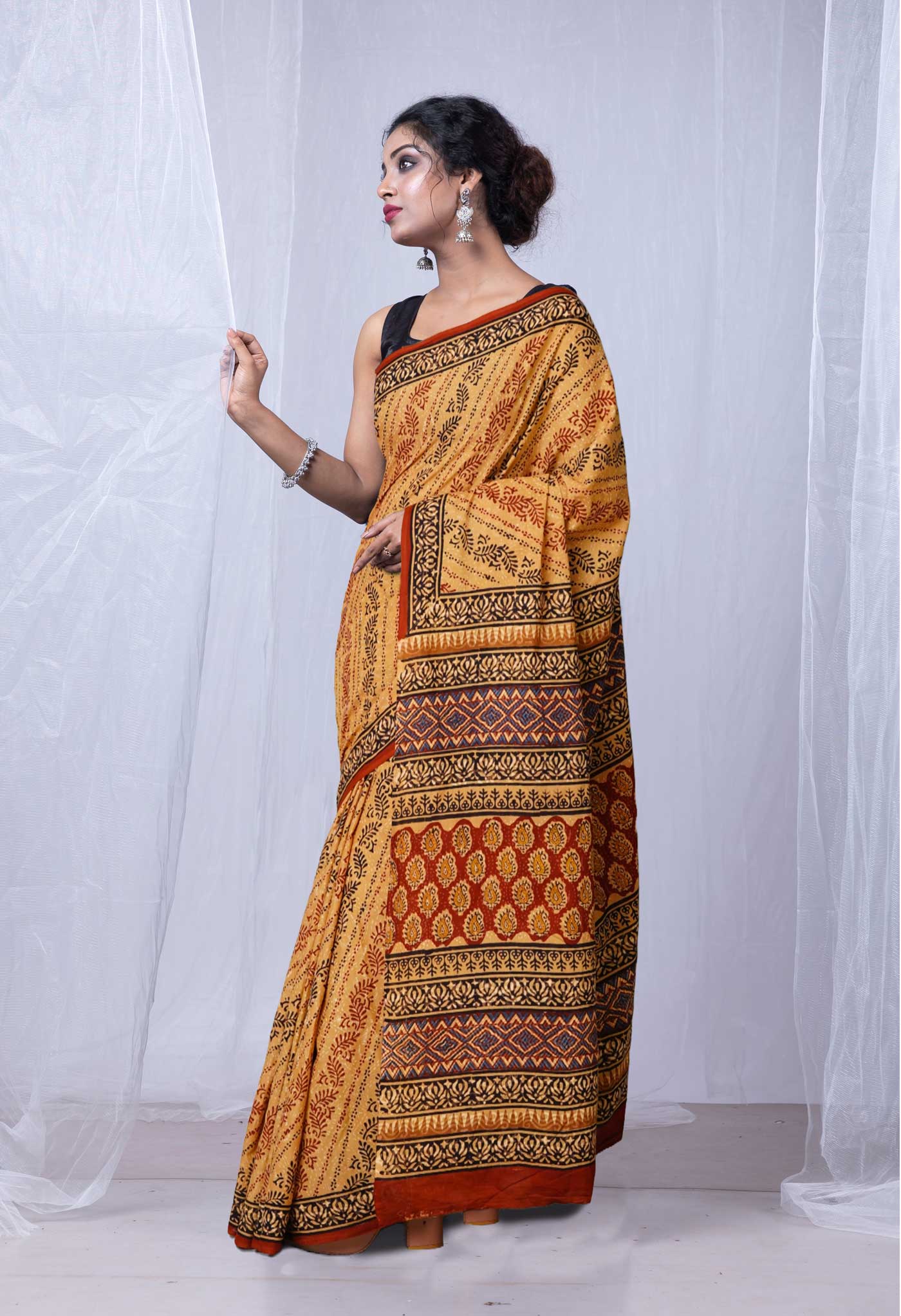 Brown Pure Bagru Printed Soft Cotton Saree