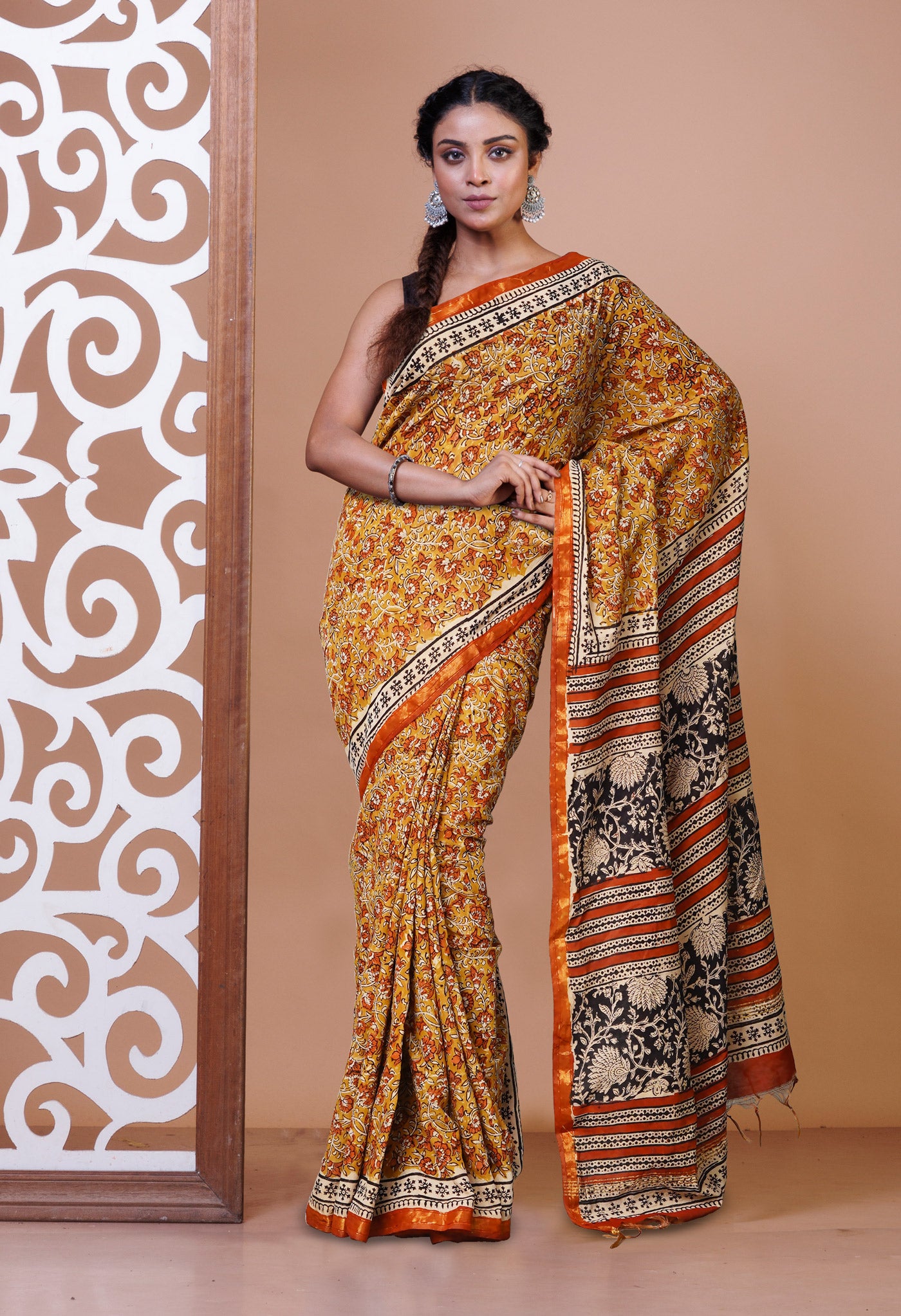 Brown Pure Bagru Printed Pashmina Sico Saree-UNM79515