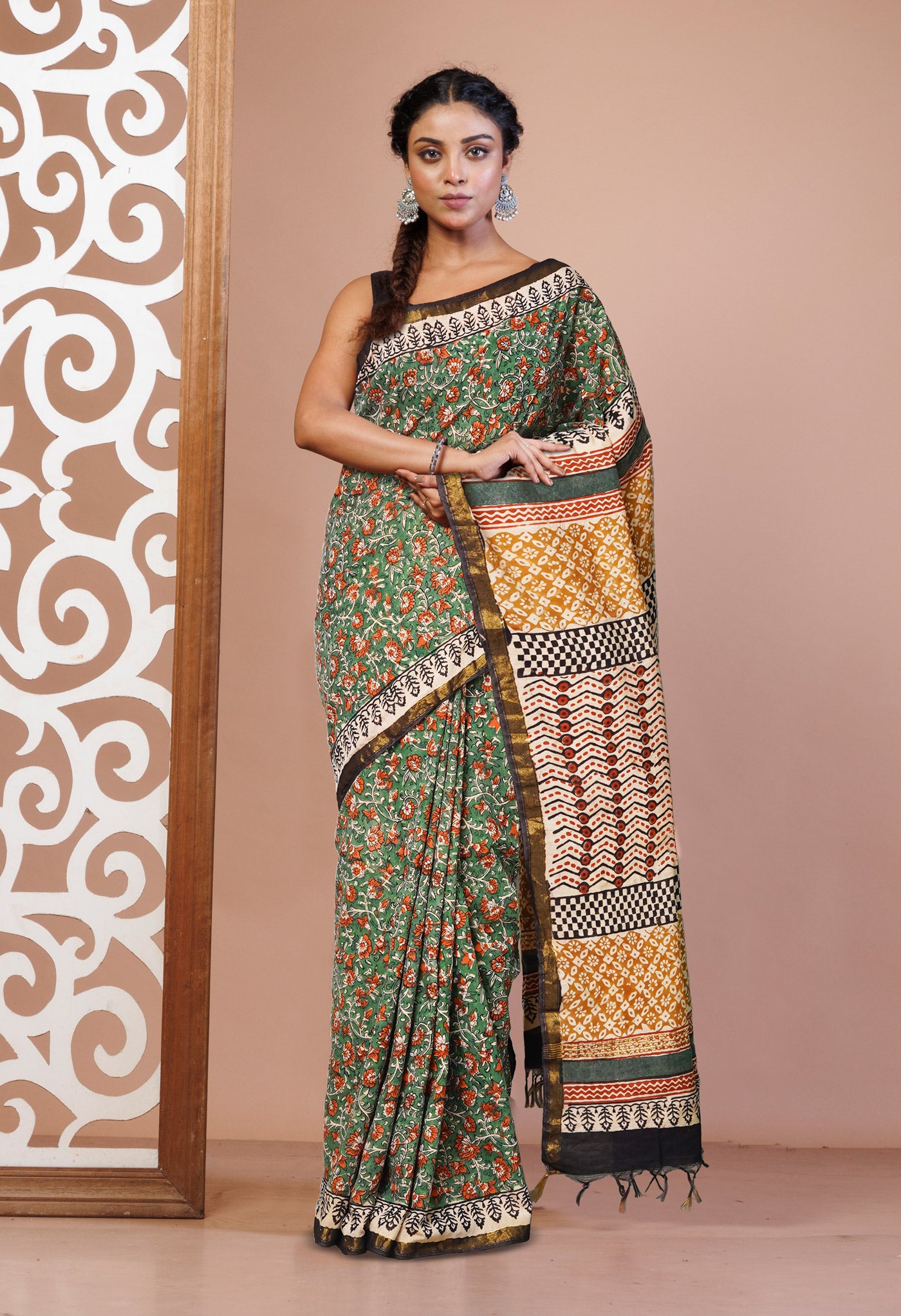 Green Pure Bagru Printed Pashmina Sico Saree-UNM79516