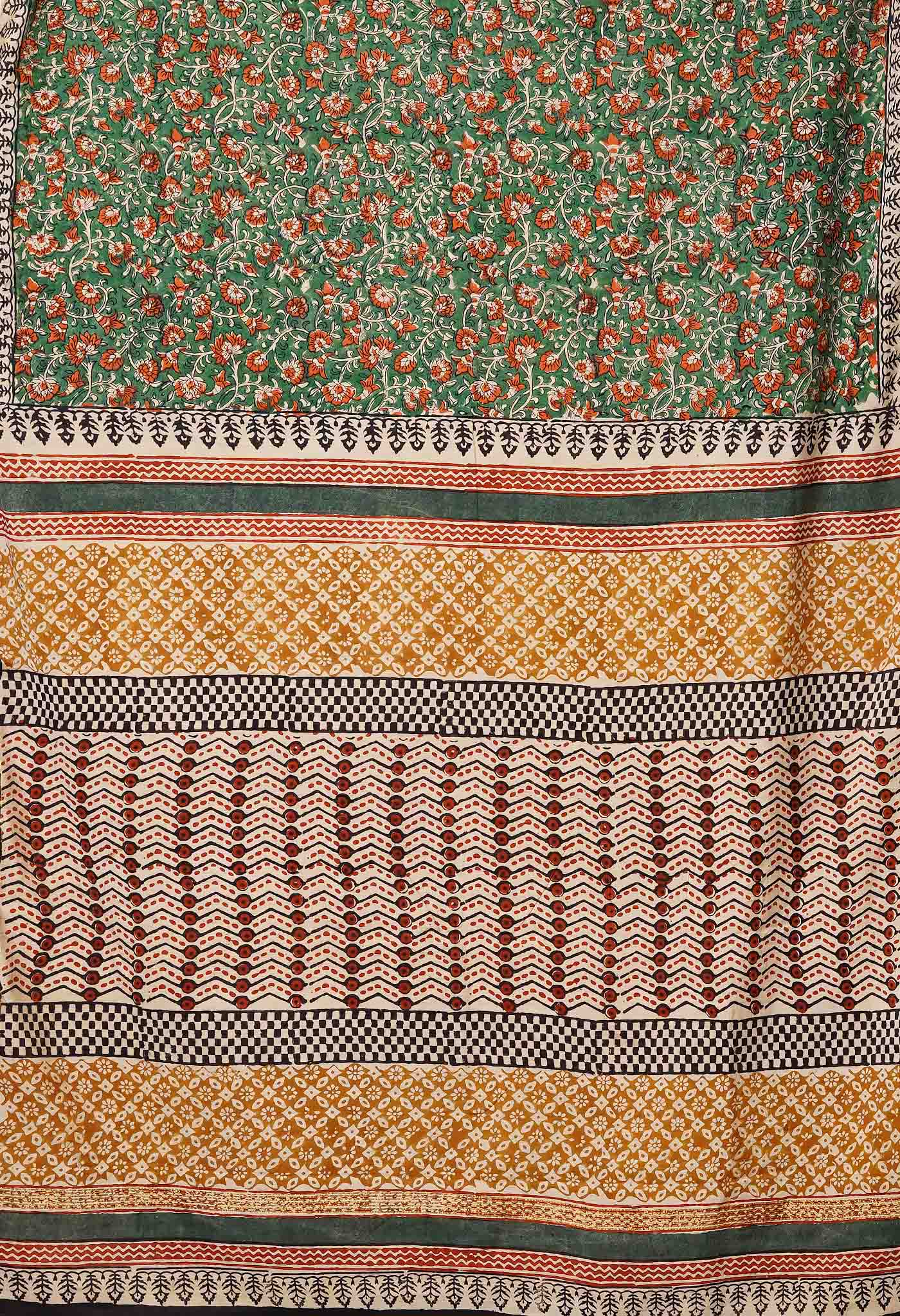 Green Pure Bagru Printed Pashmina Sico Saree-UNM79516