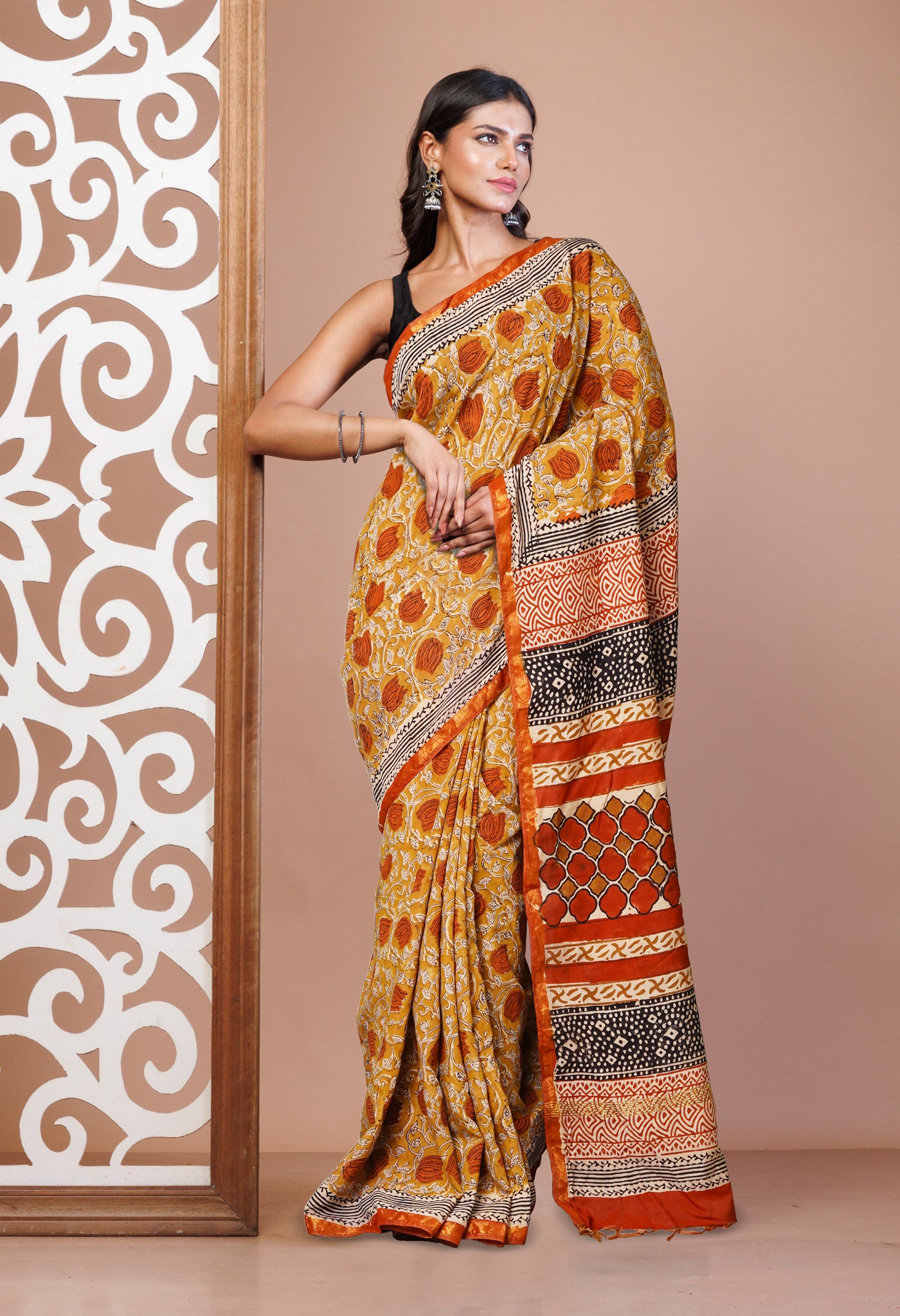 Brown Pure Bagru Printed Pashmina Sico Saree-UNM79518