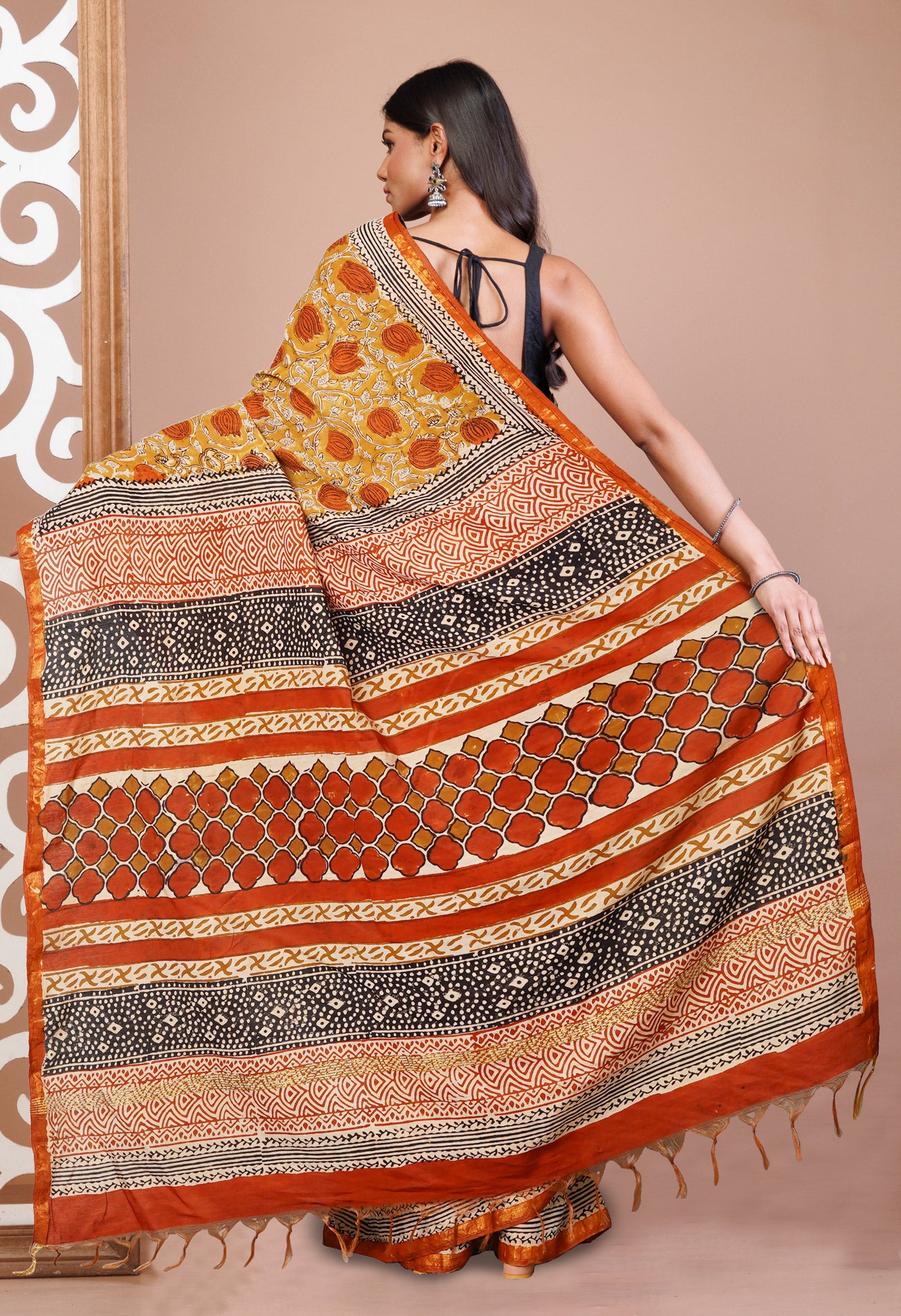 Brown Pure Bagru Printed Pashmina Sico Saree-UNM79518