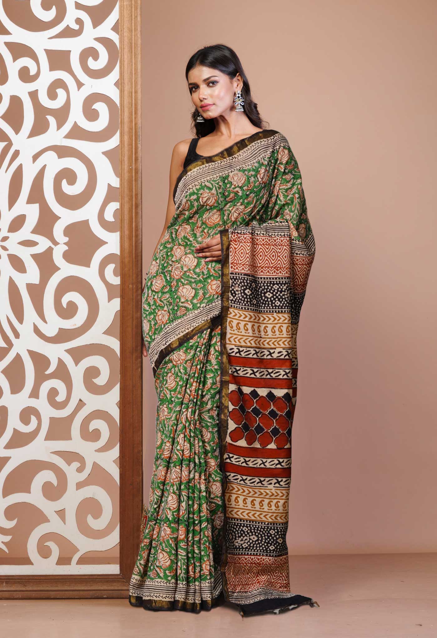 Green Pure Bagru Printed Pashmina Sico Saree-UNM79520