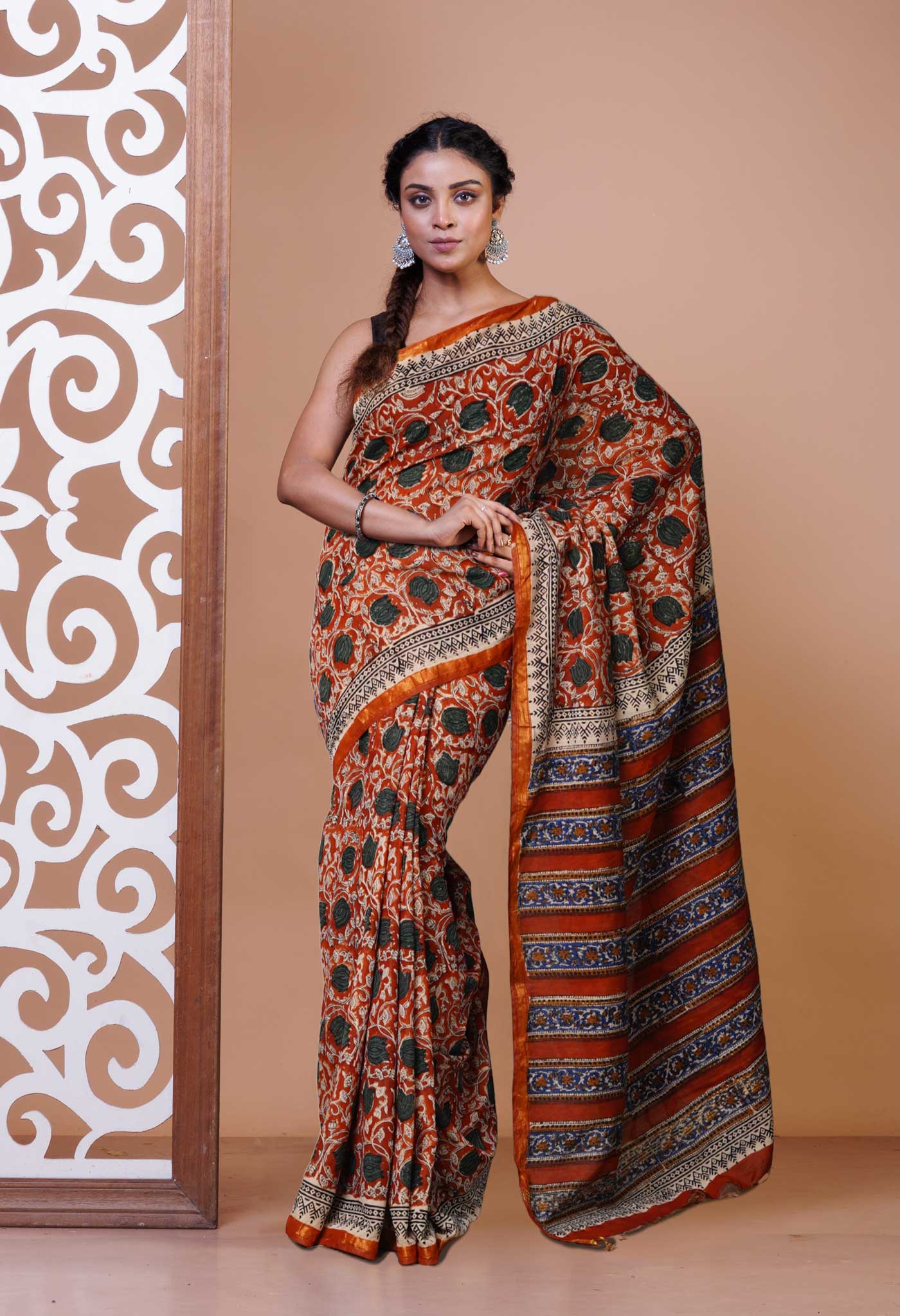 Red Pure Bagru Printed Pashmina Sico Saree-UNM79521