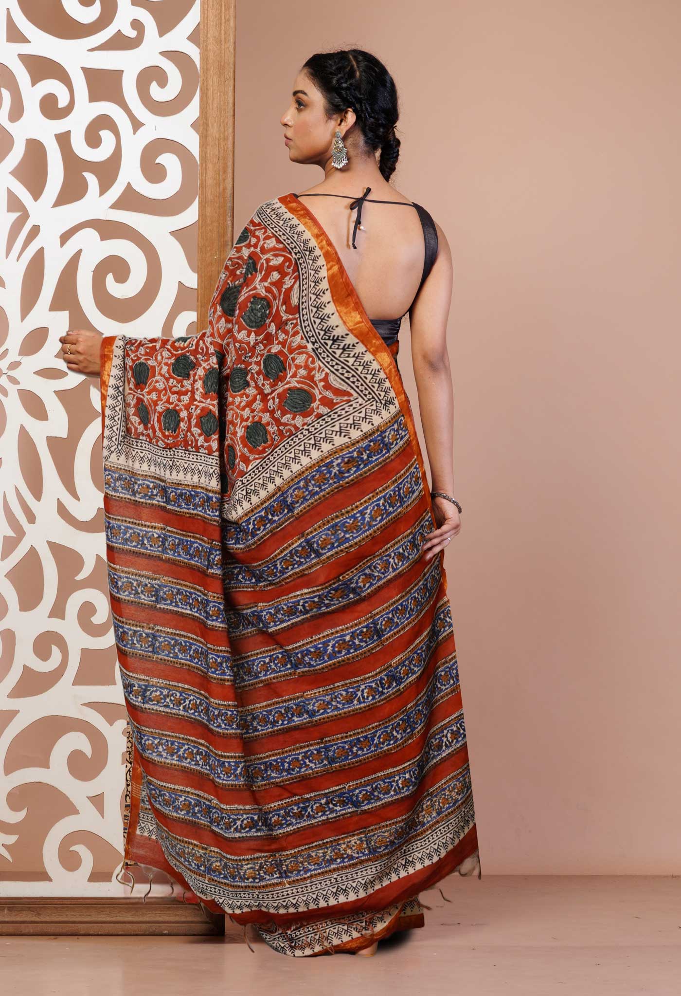 Red Pure Bagru Printed Pashmina Sico Saree-UNM79521