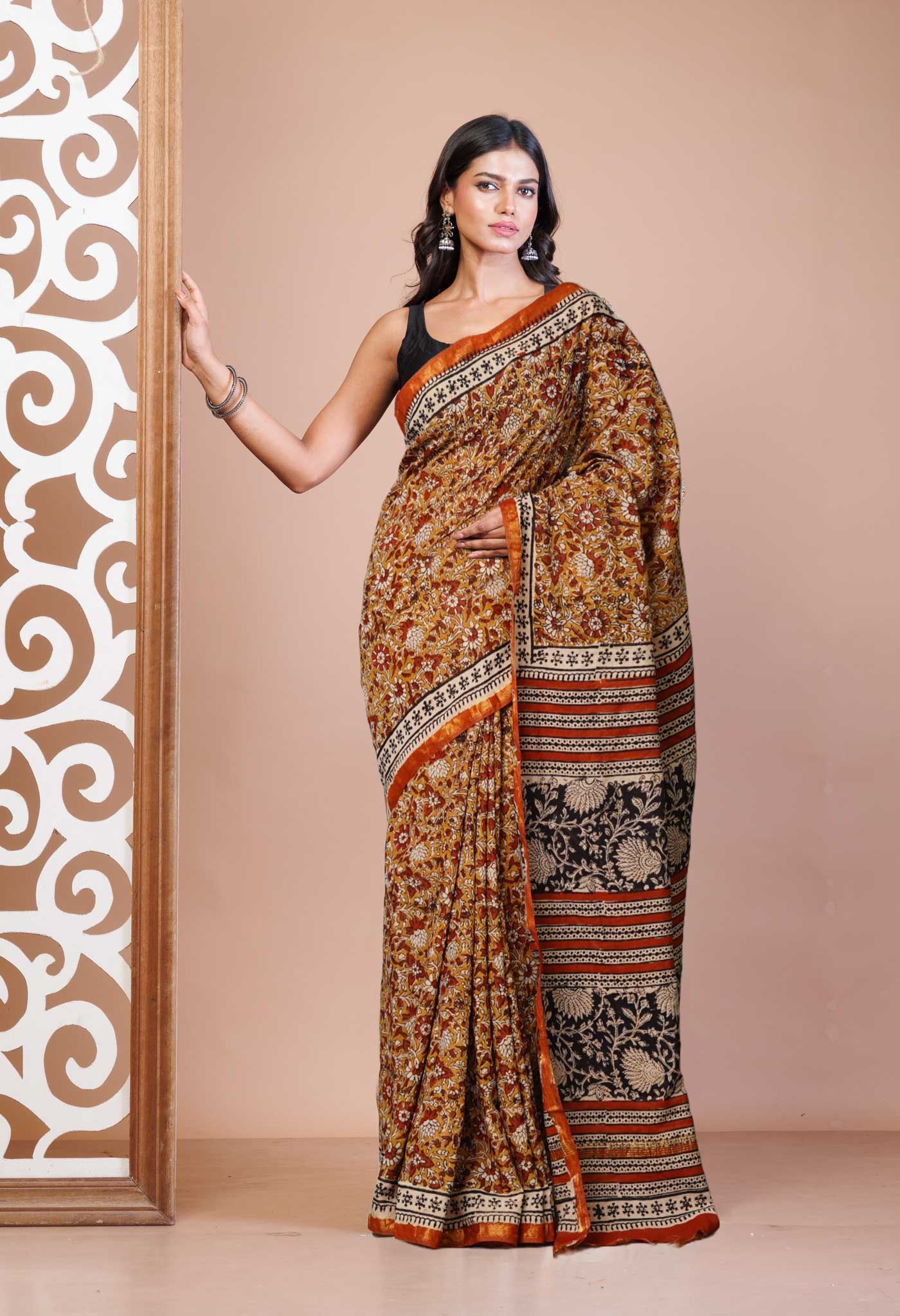 Brown Pure Bagru Printed Pashmina Sico Saree-UNM79522