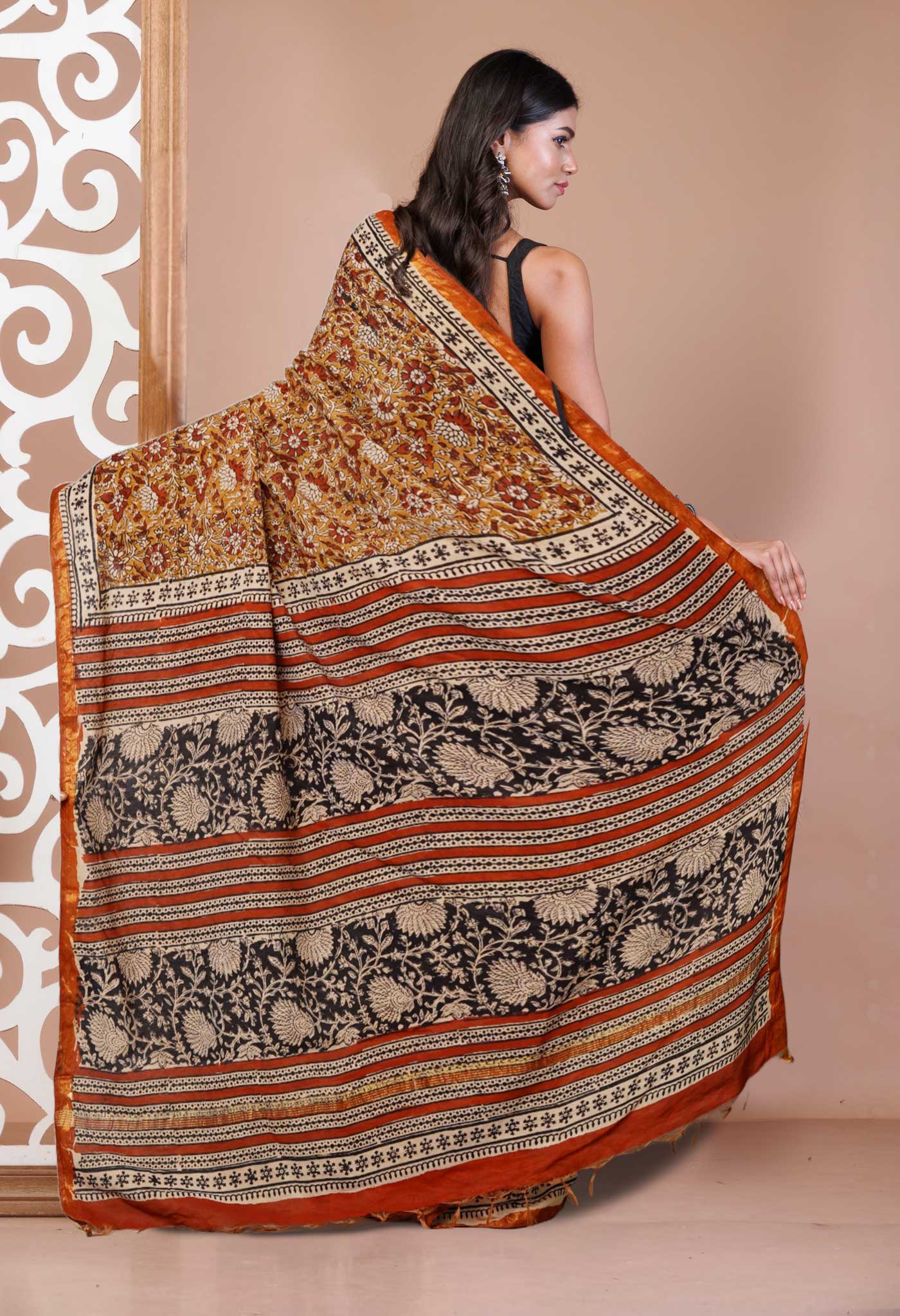 Brown Pure Bagru Printed Pashmina Sico Saree-UNM79522