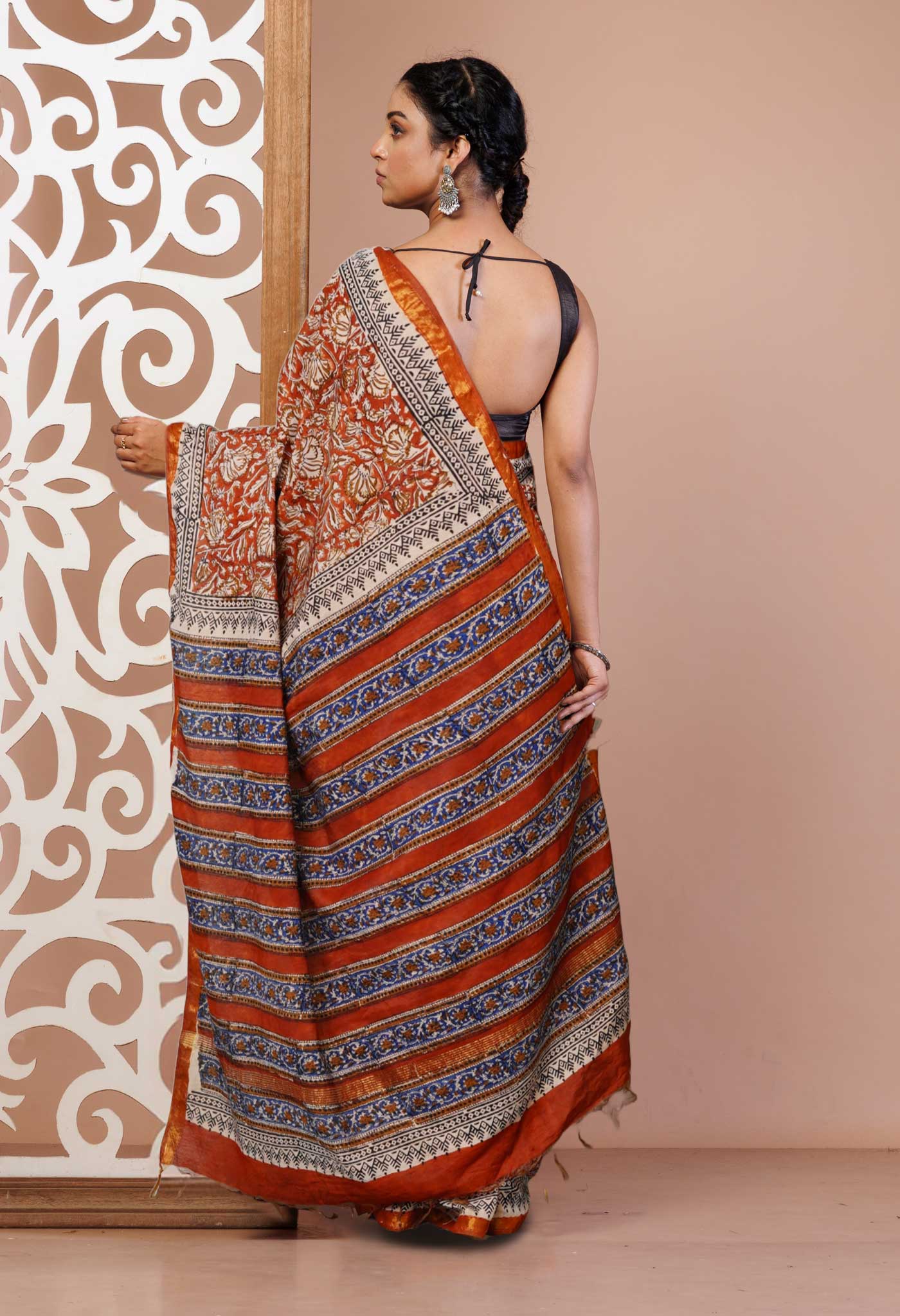 Red Pure Bagru Printed Pashmina Sico Saree-UNM79523