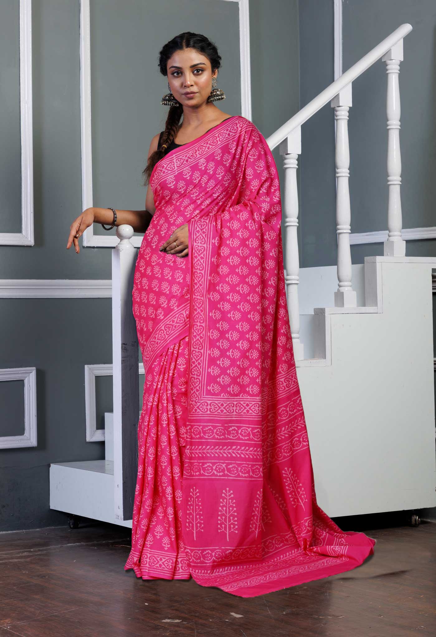 Pink Pure Hand Block Printed Soft Cotton Saree-UNM79563