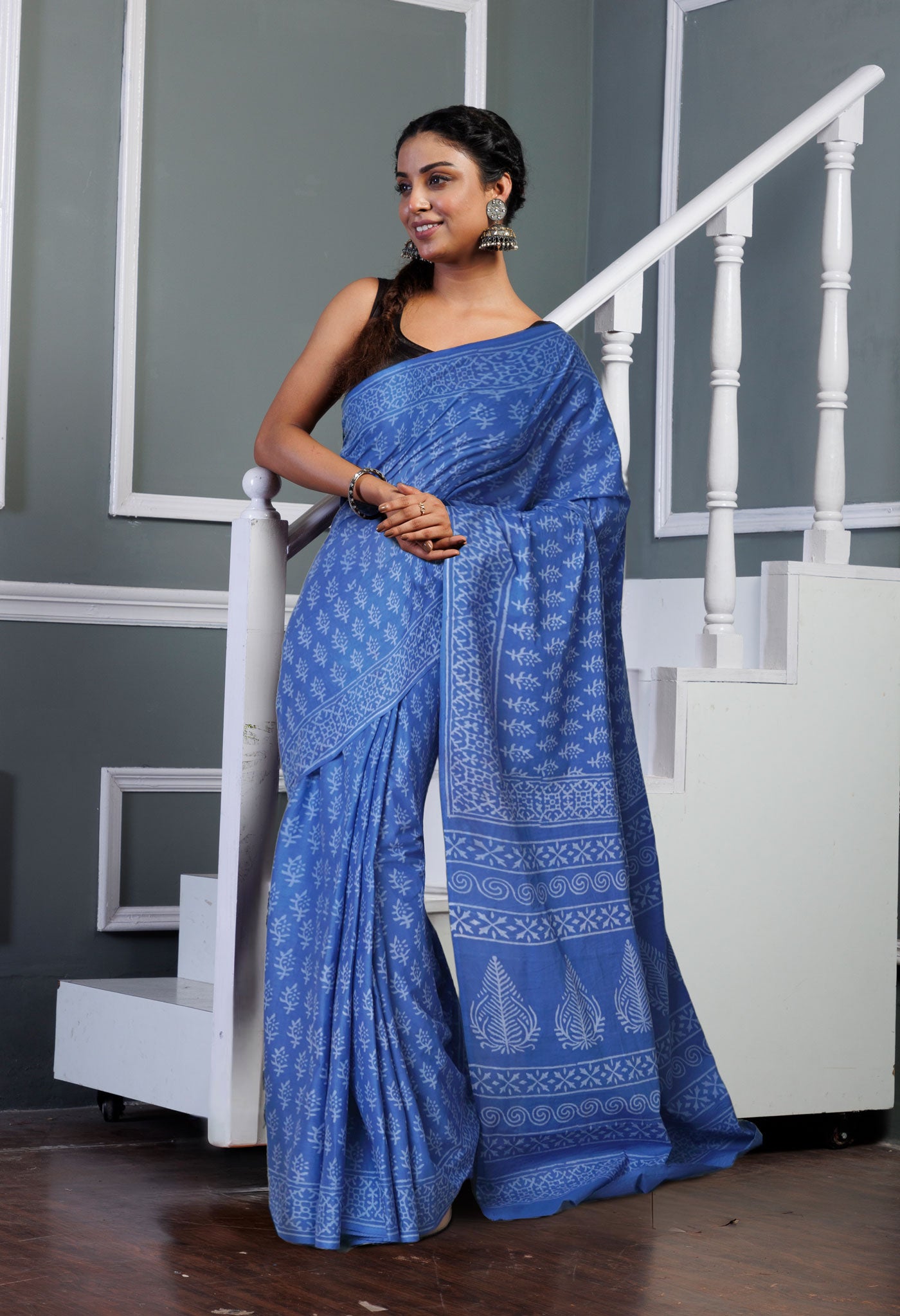 Navy Blue Pure Hand Block Printed Soft Cotton Saree-UNM79566