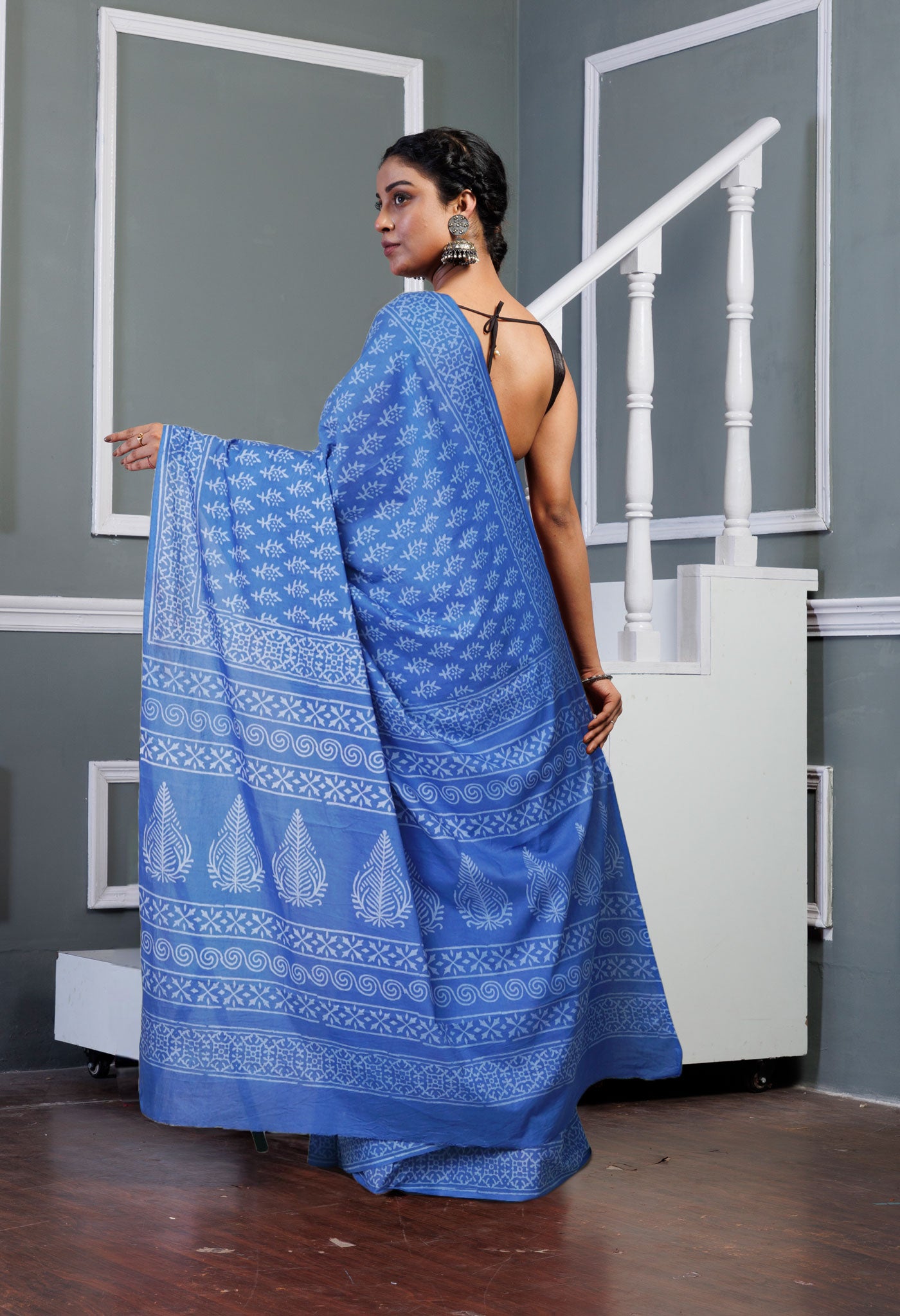 Navy Blue Pure Hand Block Printed Soft Cotton Saree-UNM79566