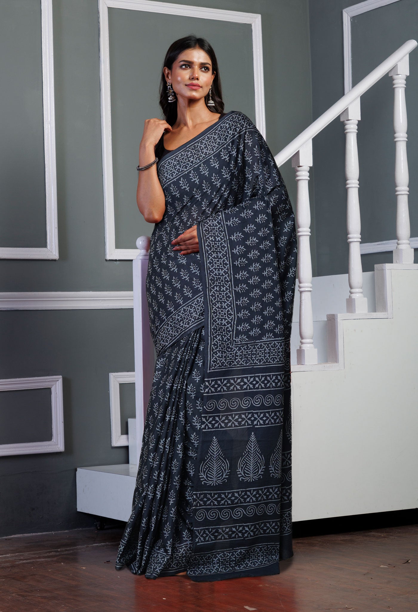 Dark Grey Pure Hand Block Printed Soft Cotton Saree-UNM79568