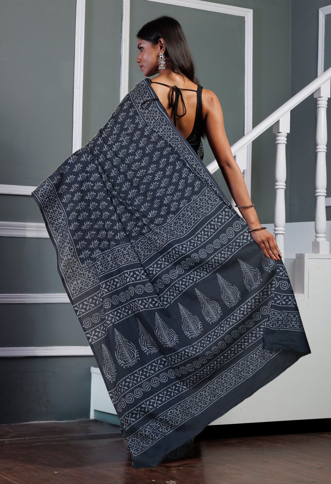 Dark Grey Pure Hand Block Printed Soft Cotton Saree-UNM79568