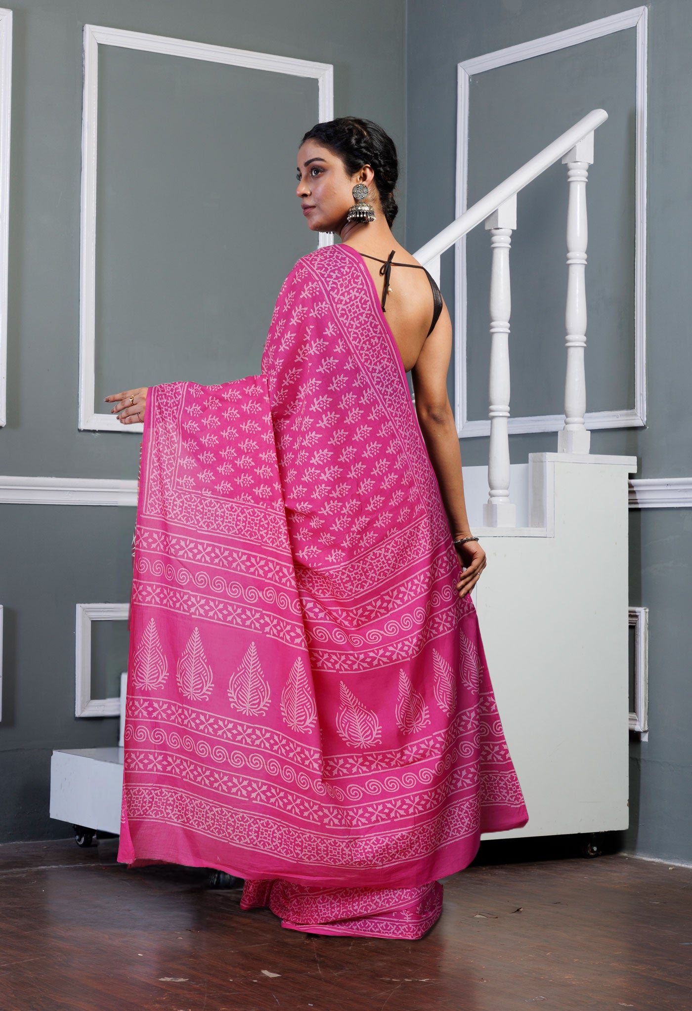 Pink Pure Hand Block Printed Soft Cotton Saree-UNM79570