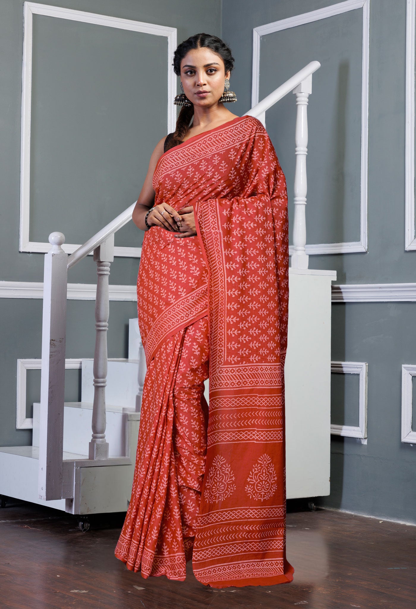 Red Pure Hand Block Printed Soft Cotton Saree-UNM79571