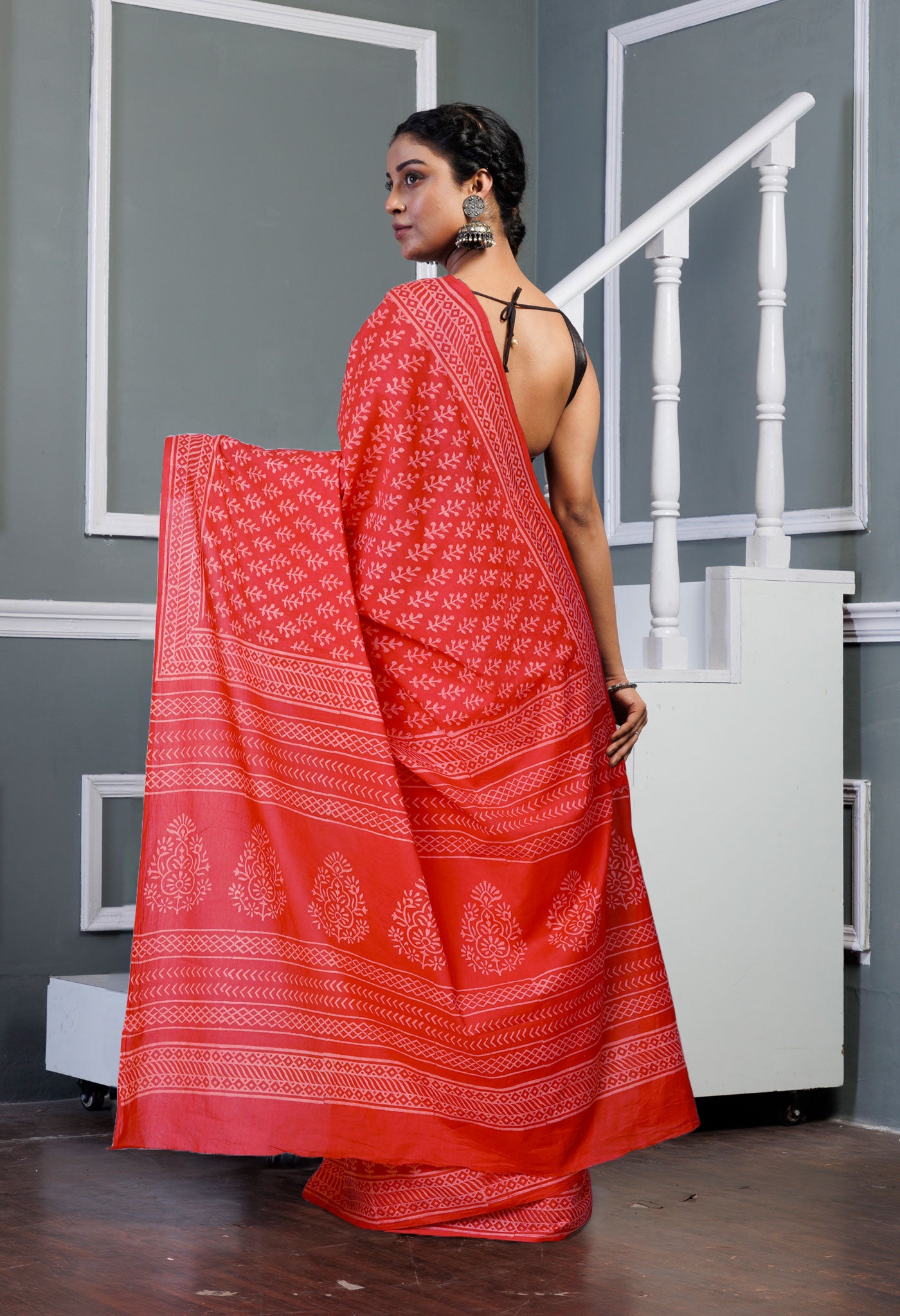 Red Pure Hand Block Printed Soft Cotton Saree-UNM79571