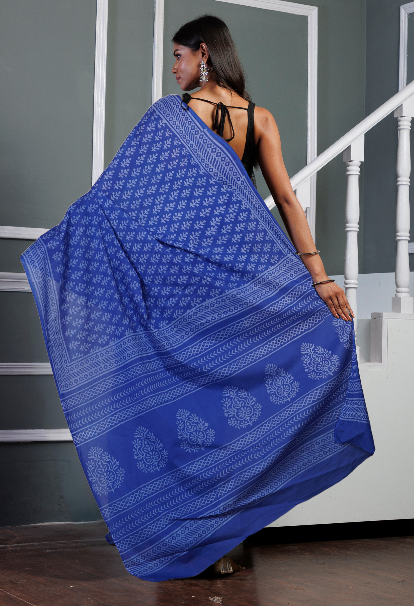 Navy Blue Pure Hand Block Printed Soft Cotton Saree-UNM79572