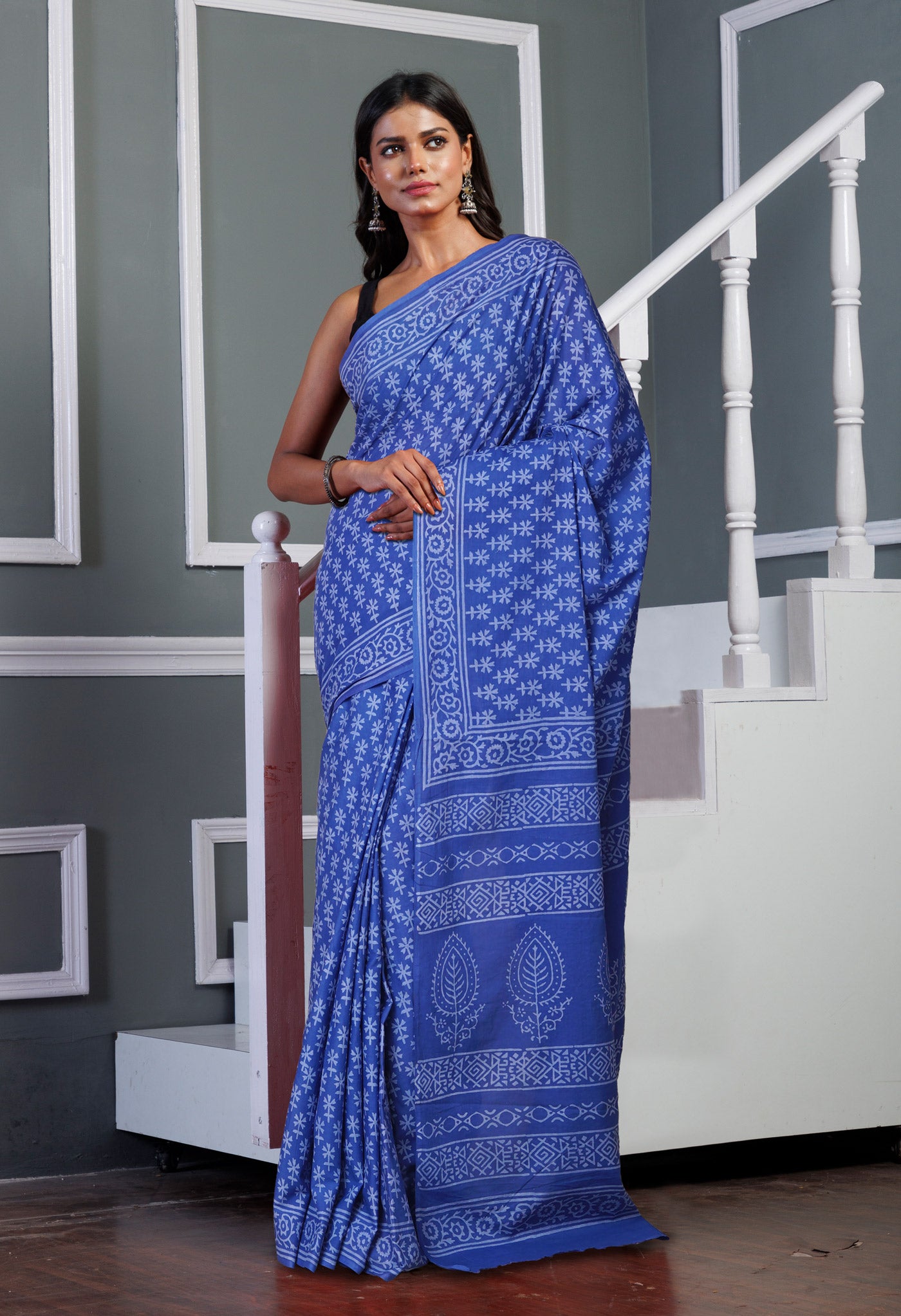 Navy Blue Pure Hand Block Printed Soft Cotton Saree-UNM79616